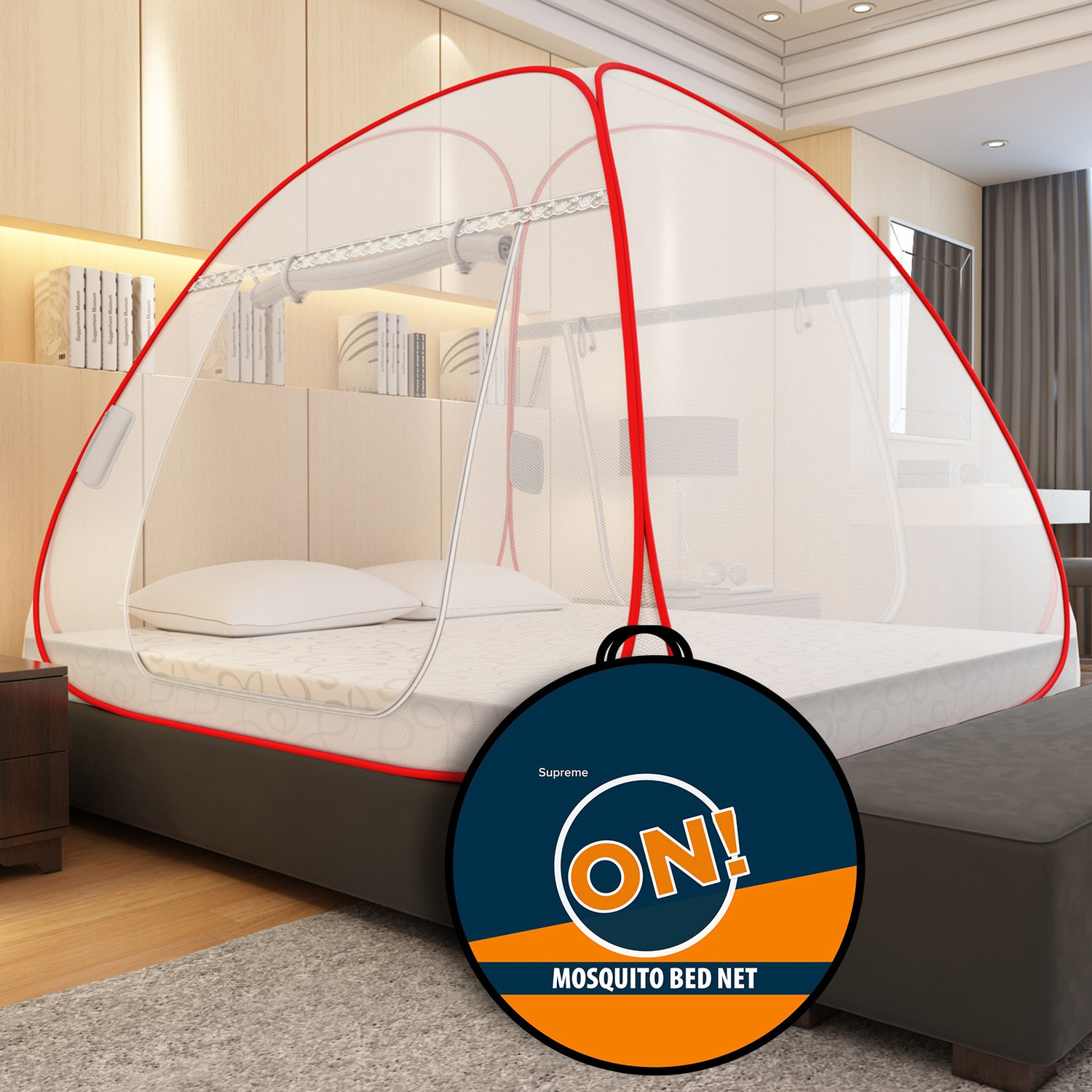 Image of Supreme On Double Bed Machardani with Pocket for Mobile, Spectacles; King-Size Premium Polyester Washable Adults Mosquito Net