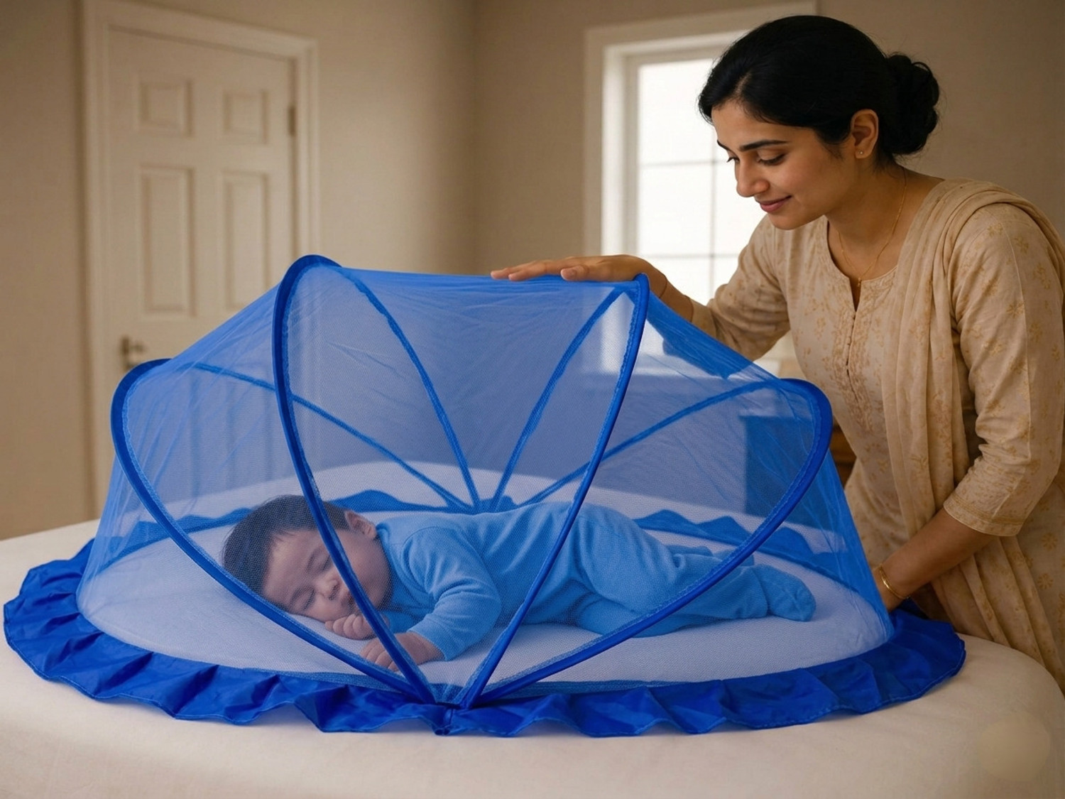 Image of ASTEXTILE Mosquito net baby folding esayl bule color size 0to 24 month HDPE - High Density Poly Ethylene Washable Kids Mosquito Net