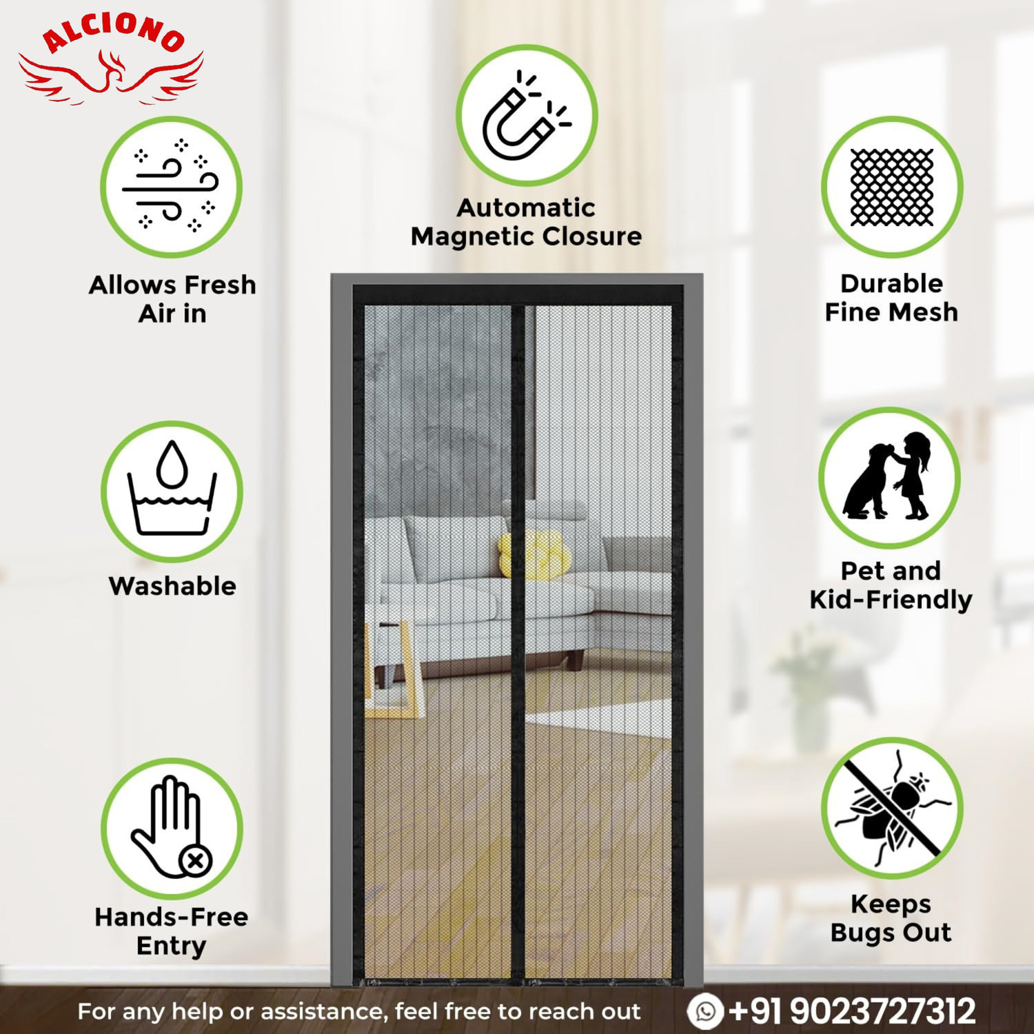 Image of Alciono Auto-Closing Magnetic Door Polyester Washable Adults Mosquito Net (Black-200x100, Frame Hung)