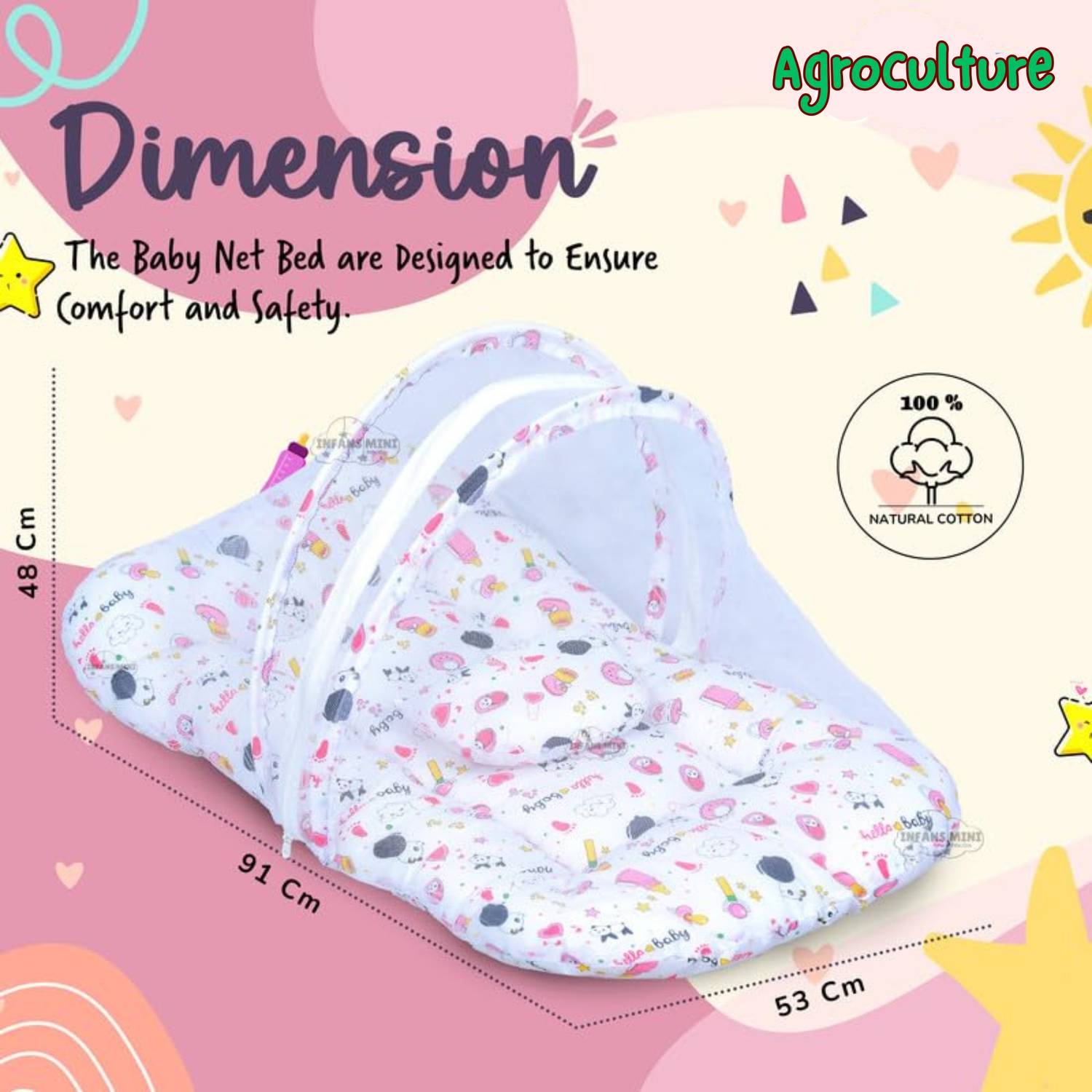 AgroCulture Mosquito and Insect Protection Net for Babies, Portable Mattress with Pillow Cotton Washable Kids Mosquito Net