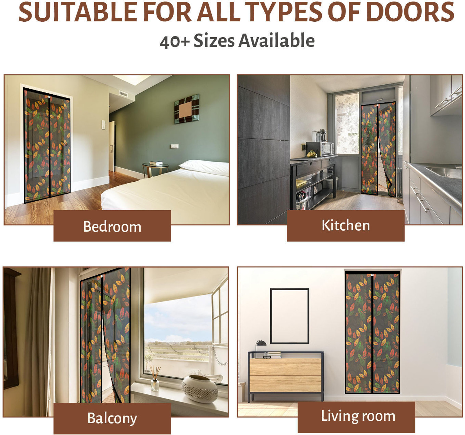 Image of TurtleGrip Auto-closing Magnetic Full Frame New Autumn Leaf Design Door Polyester Washable Adults Mosquito Net