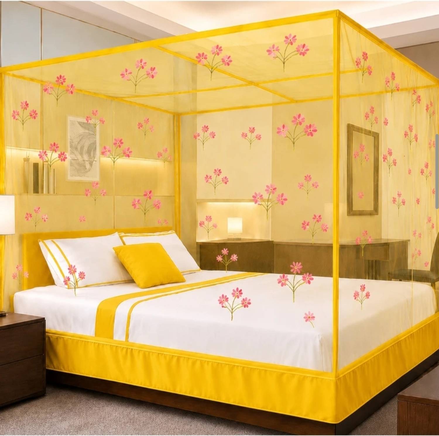 AARTI Flower Printed YELLOW King Size Bed (7x8)ft Mosquito Net HDPE - High Density Poly Ethylene Washable Adults Mosquito Net