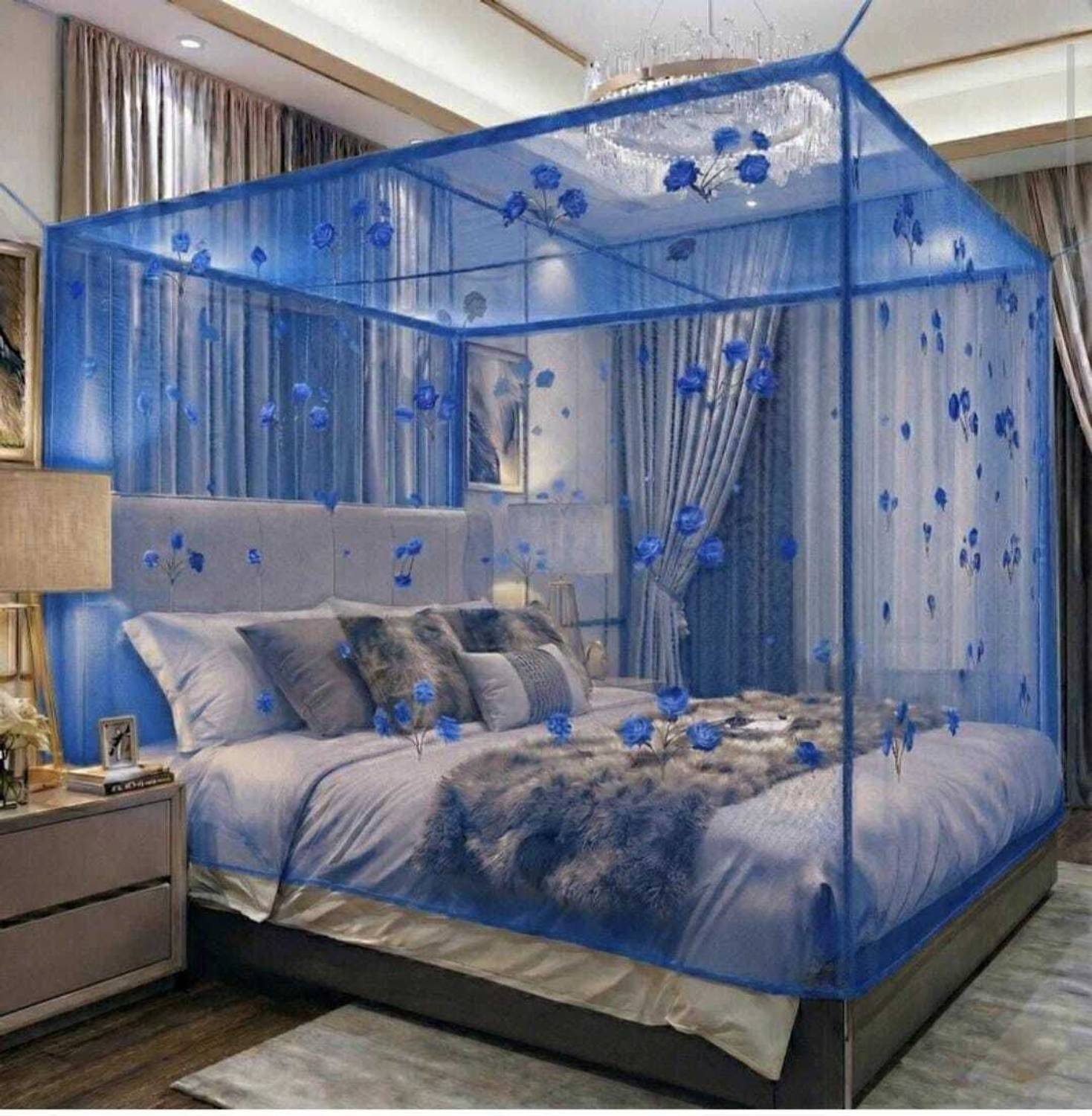AARTI 6X7 KING SIZE BLUE COLOR FLOWER PRINTED FOLDABLE MOSQUITO NET HDPE - High Density Poly Ethylene Washable Adults Mosquito Net