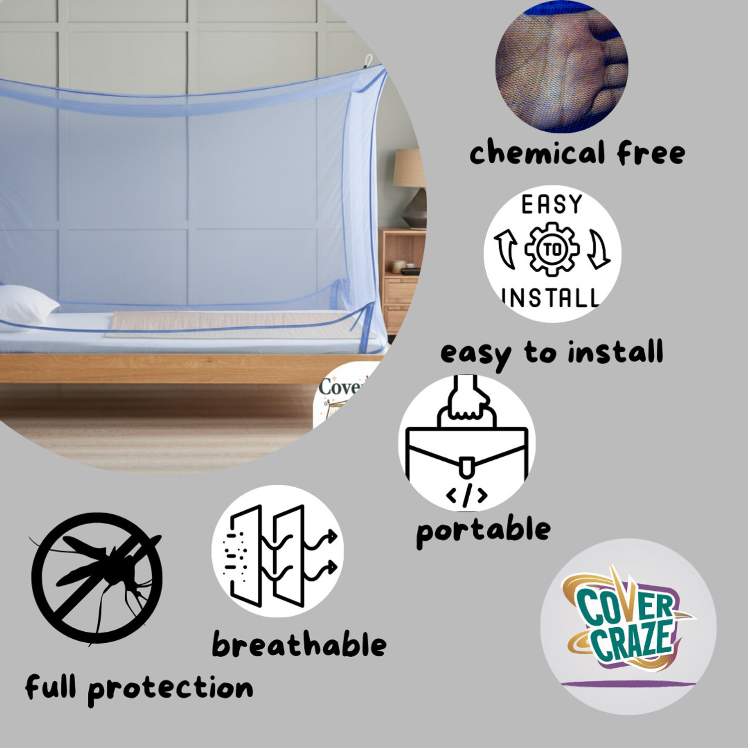 Image of CoverCraze single bed blue mosquito protection net {4x6 ft} machhardani hanging Cotton Washable Adults Mosquito Net