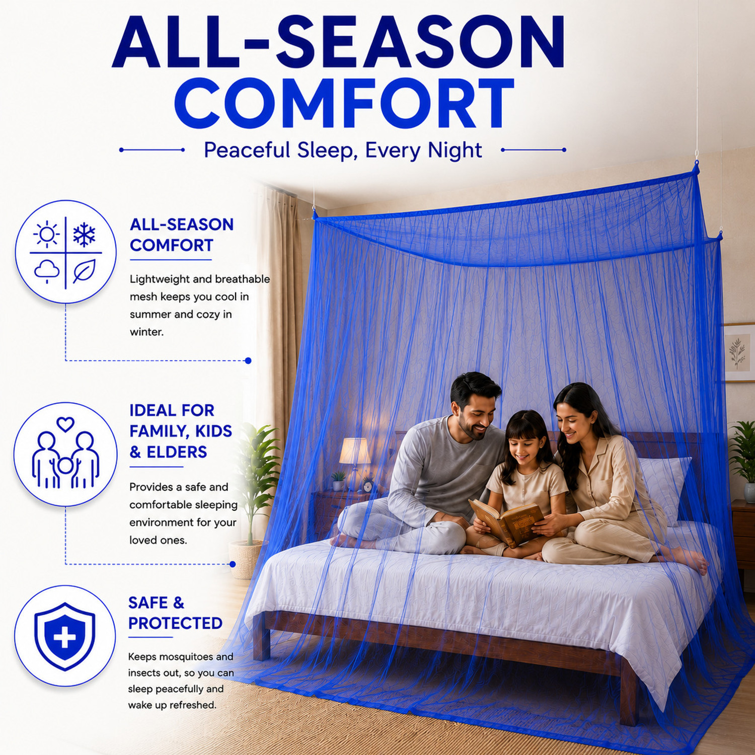 Image of Shree Kriday Double Bed 6x6.5 feet Soft Fabric Polyester Washable Adults Mosquito Net