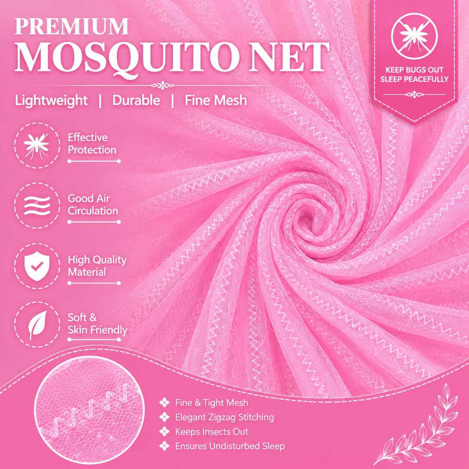 Image of Noorexa Premium King Size Bed Mosquito Net 8x12 I 4 Hooks Free Cotton Washable Adults Mosquito Net (Pink, Tent)