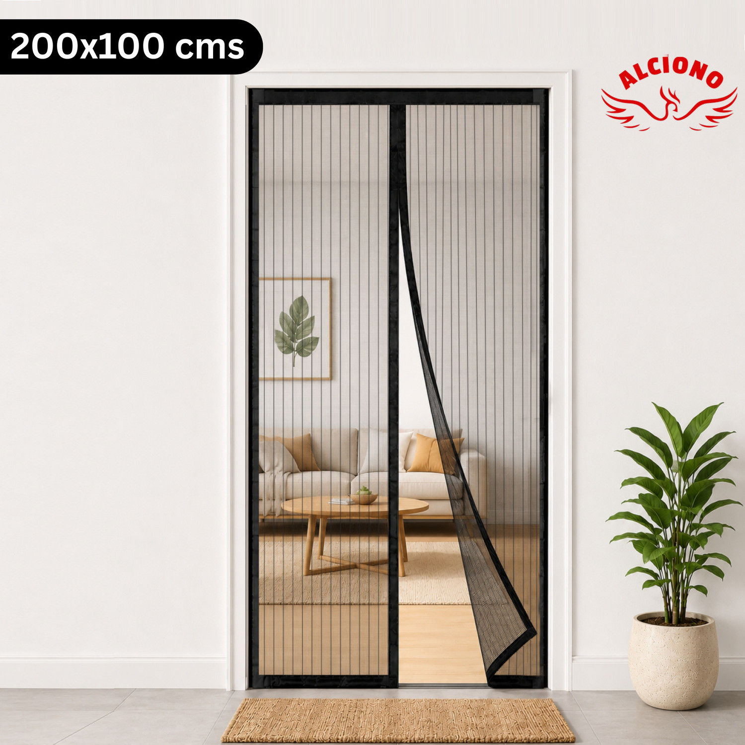 Image of Alciono Auto-Closing Magnetic Door Polyester Washable Adults Mosquito Net (Black-200x100, Frame Hung)