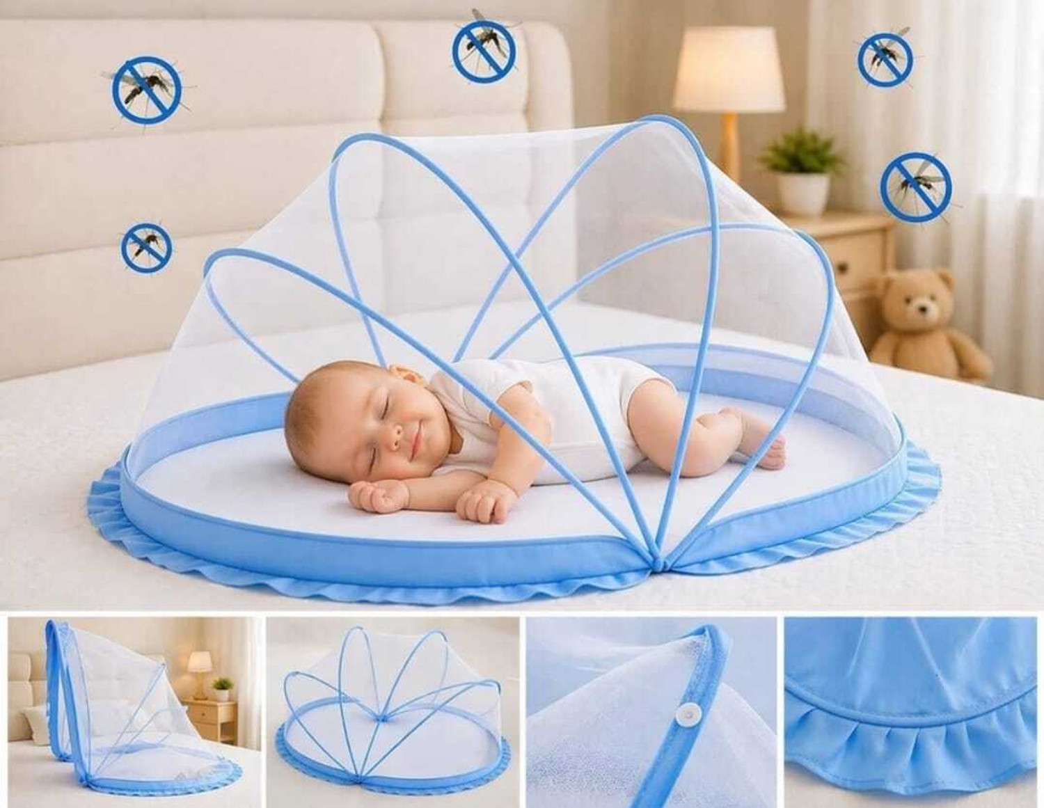 Image of Vigour White blue baby crib Nylon Washable Adults Mosquito Net