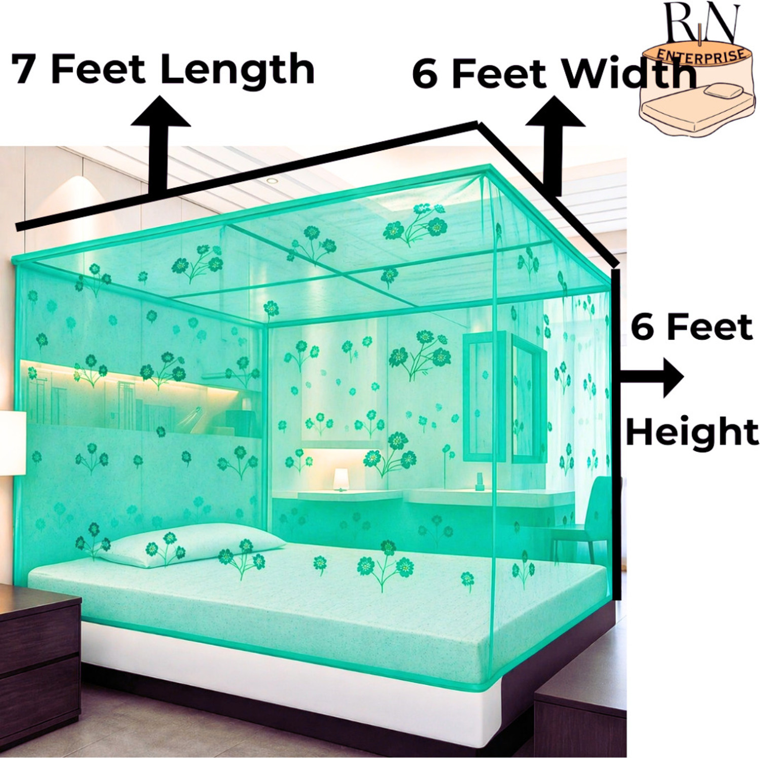Image of RN ENTERPRISE Charming Flower Printed (6x7 Ft) Cotton Washable Adults Mosquito Net (Mint Green, Bed Box)
