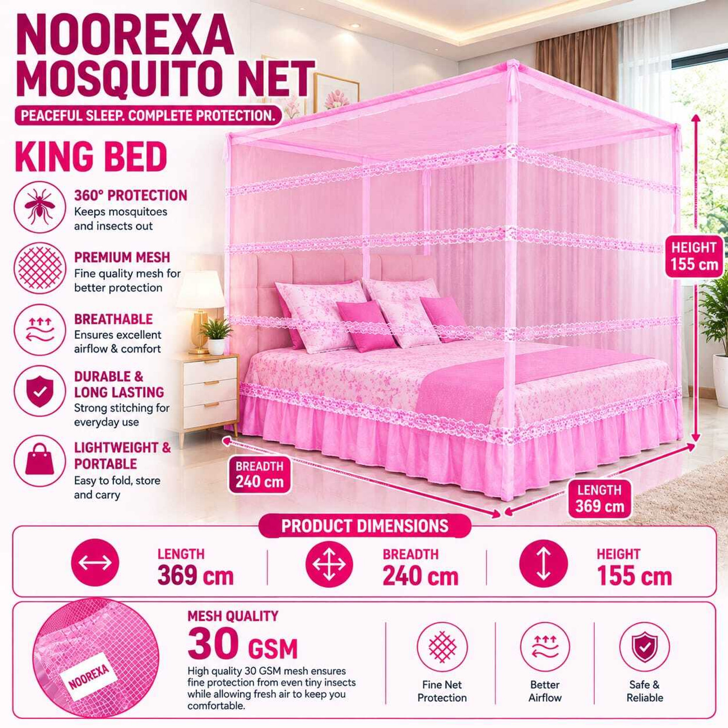 Image of Noorexa Premium King Size Bed Mosquito Net 8x12 I 4 Hooks Free Cotton Washable Adults Mosquito Net (Pink, Tent)