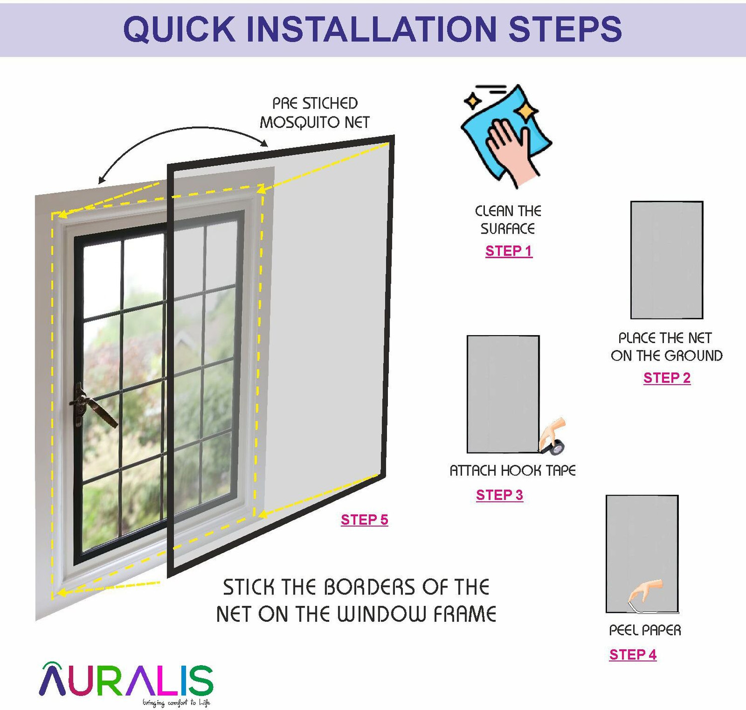 Image of AURALIS Window Mosquito Net Pre Stiched with Adhesive Hook & Loop Tape Polyester Washable Adults Mosquito Net (GREY-70x170 CM, Frame Hung)