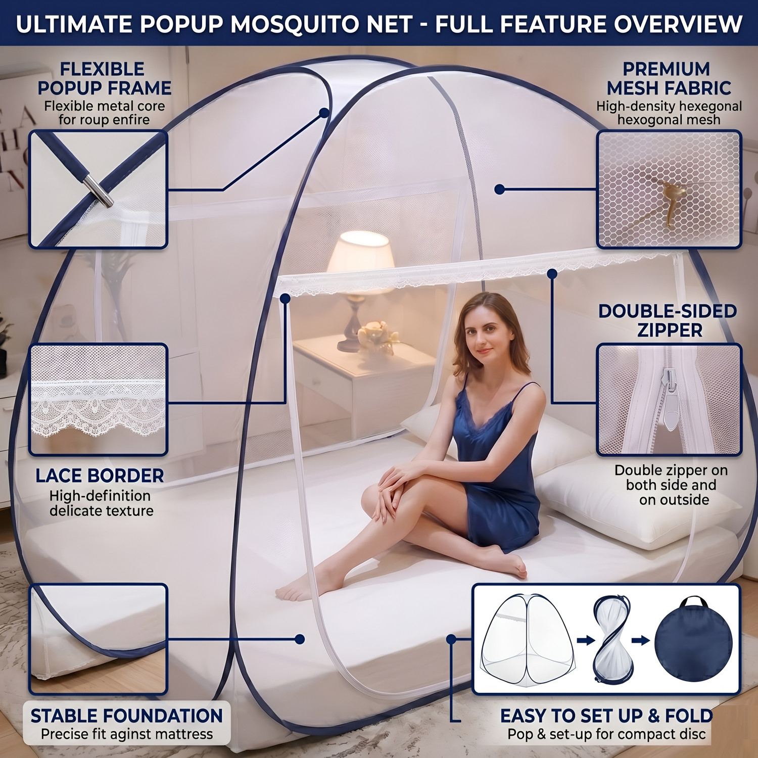 Image of TLK-HWB Signature Series Pop-Up Guard with 360 Degree Panoramic High Visibility Mesh Polyester Washable Adults Mosquito Net (Dark Blue, Tent)