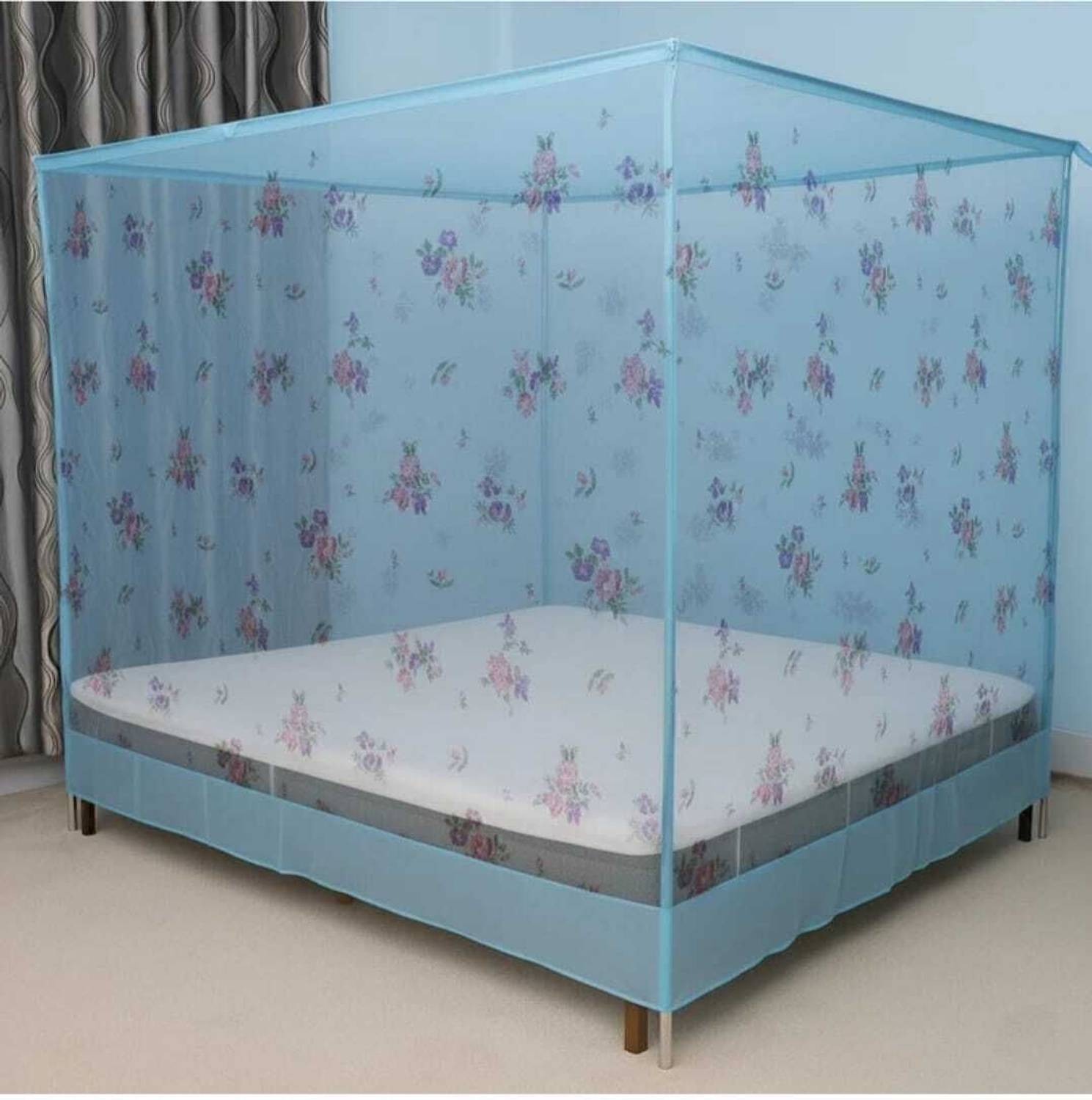 AasthaNet 6X7 KING SIZE BLUE COLOR FLOWER PRINTED FOLDABLE MOSQUITO NET HDPE - High Density Poly Ethylene Washable Adults Mosquito Net