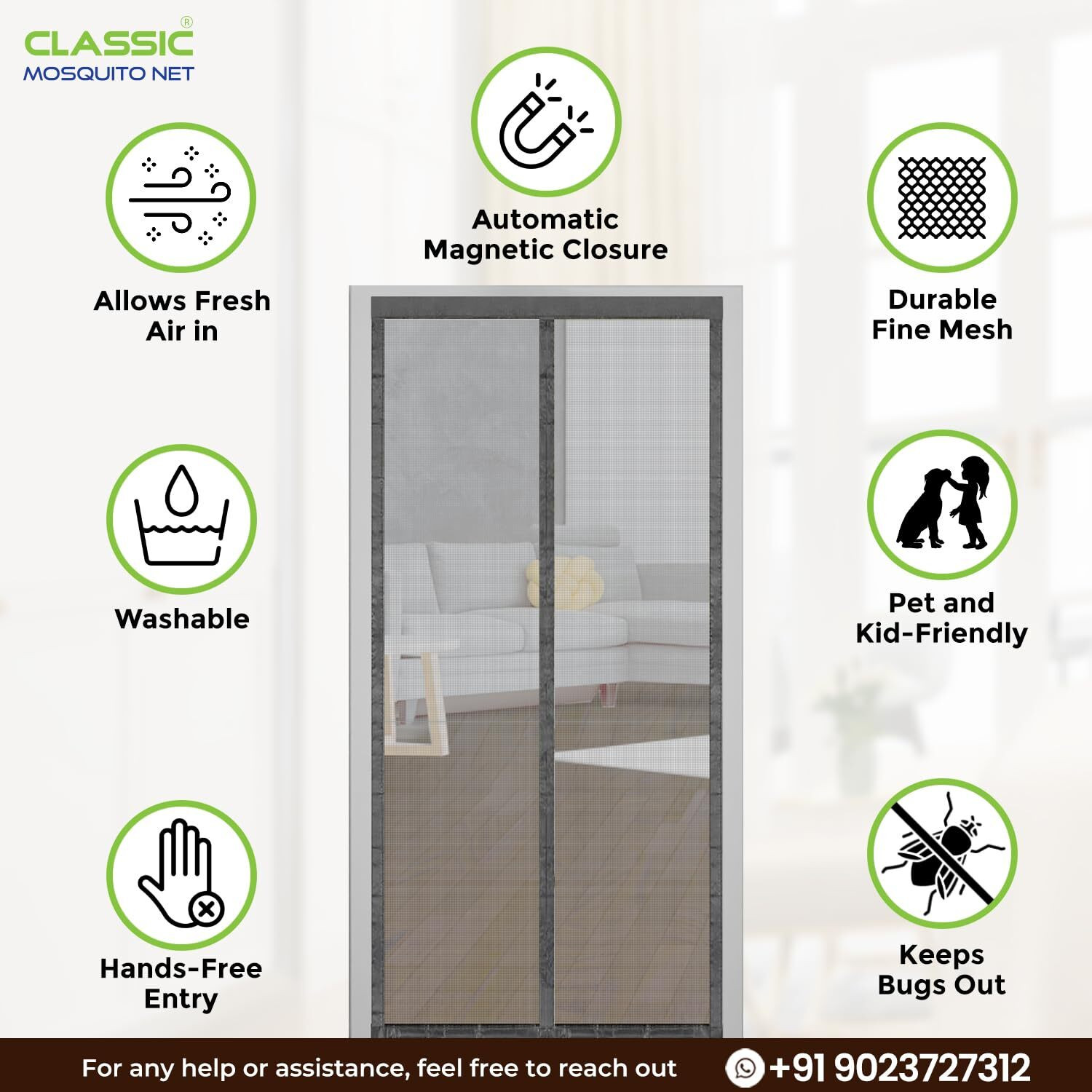 Image of Classic Mosquito Net For Door With Magnet Self-Closing with full frame self Adhesive Hook Fibre Washable Adults Mosquito Net