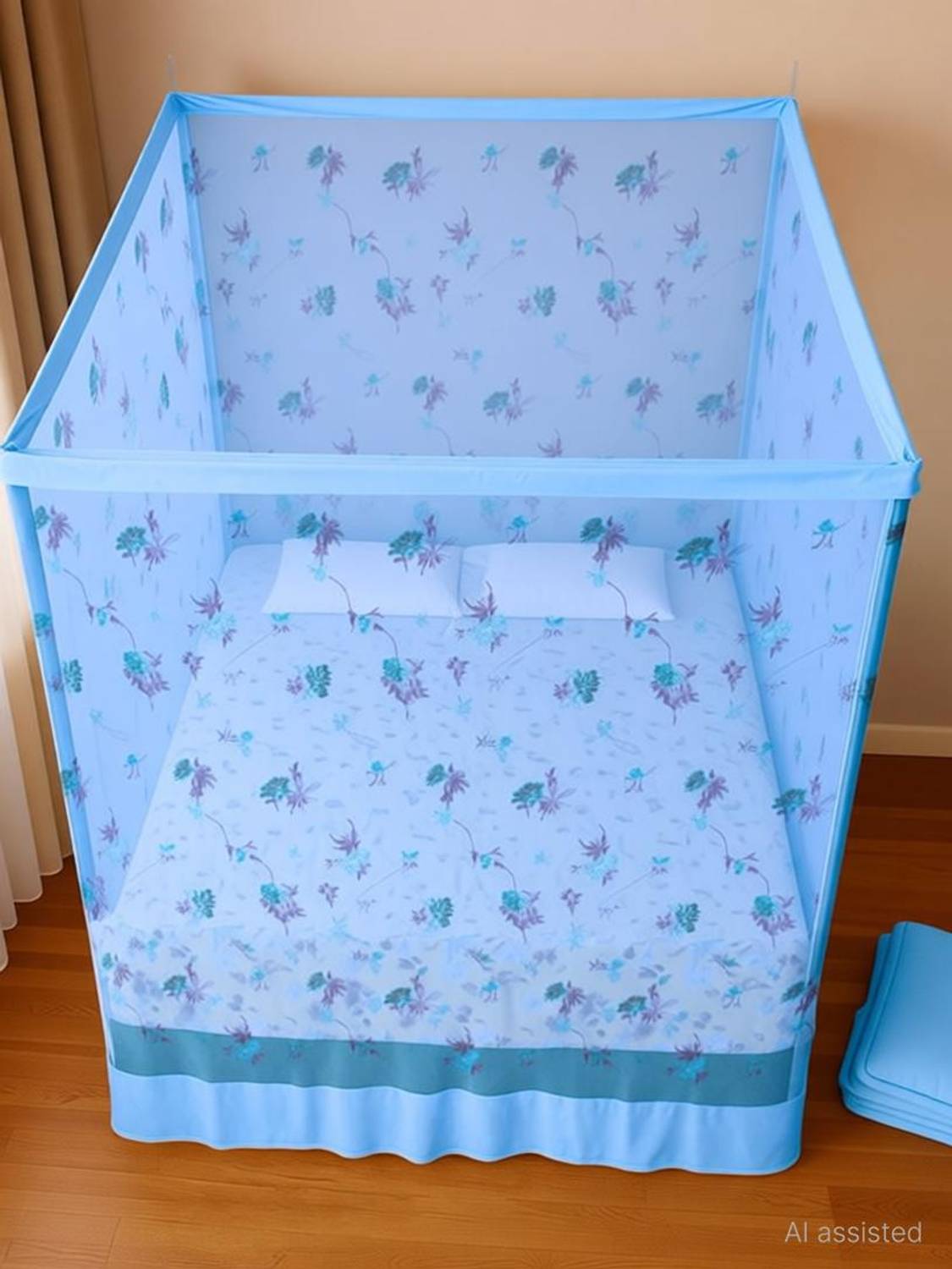 AARTI 6X7 KING SIZE BLUE COLOR FLOWER PRINTED FOLDABLE MOSQUITO NET HDPE - High Density Poly Ethylene Washable Adults Mosquito Net