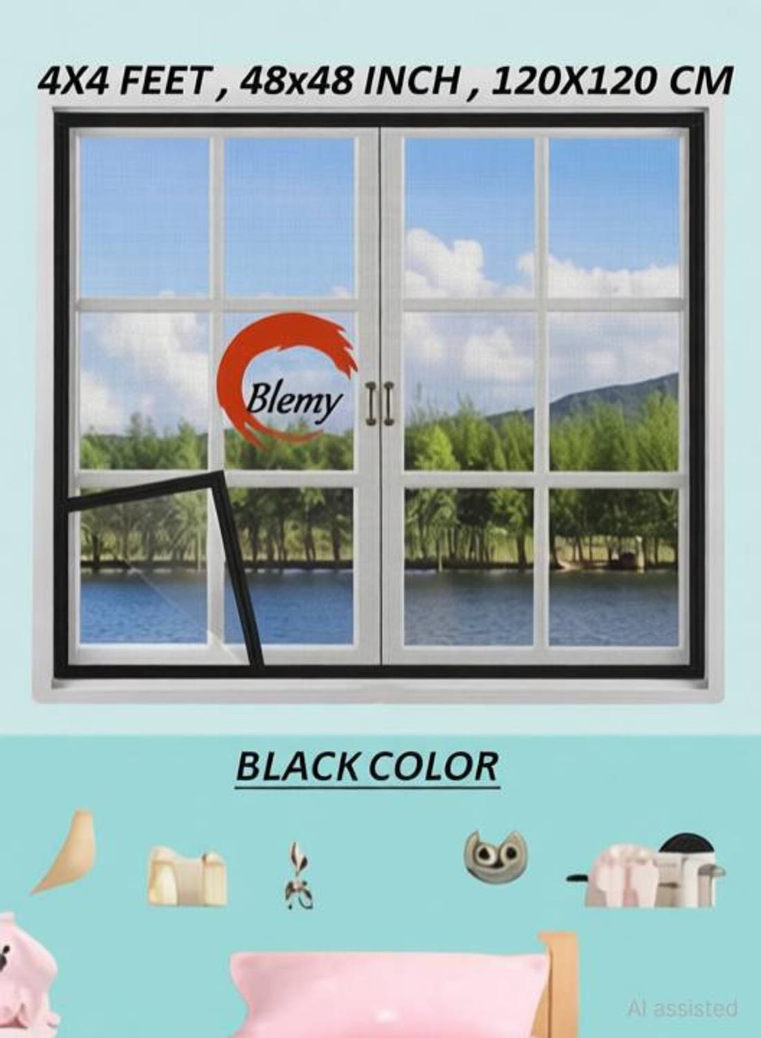 BLEMY Readymade Net For Window With Self Adhesive HookS & Loop Tape Size - 4X4 Feet HDPE - High Density Poly Ethylene Washable Adults Mosquito Net