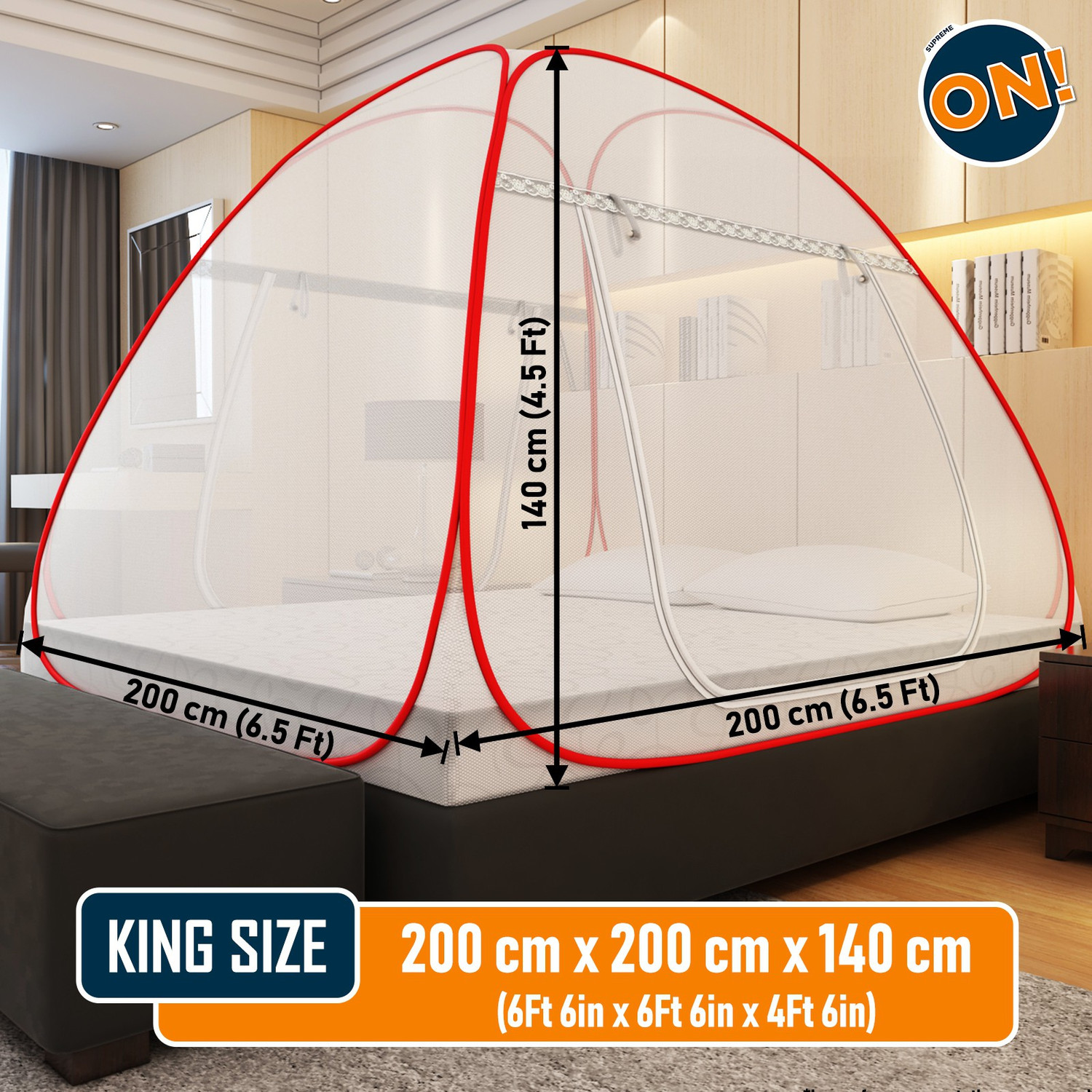 Image of Supreme On Double Bed Machardani with Pocket for Mobile, Spectacles; King-Size Premium Polyester Washable Adults Mosquito Net