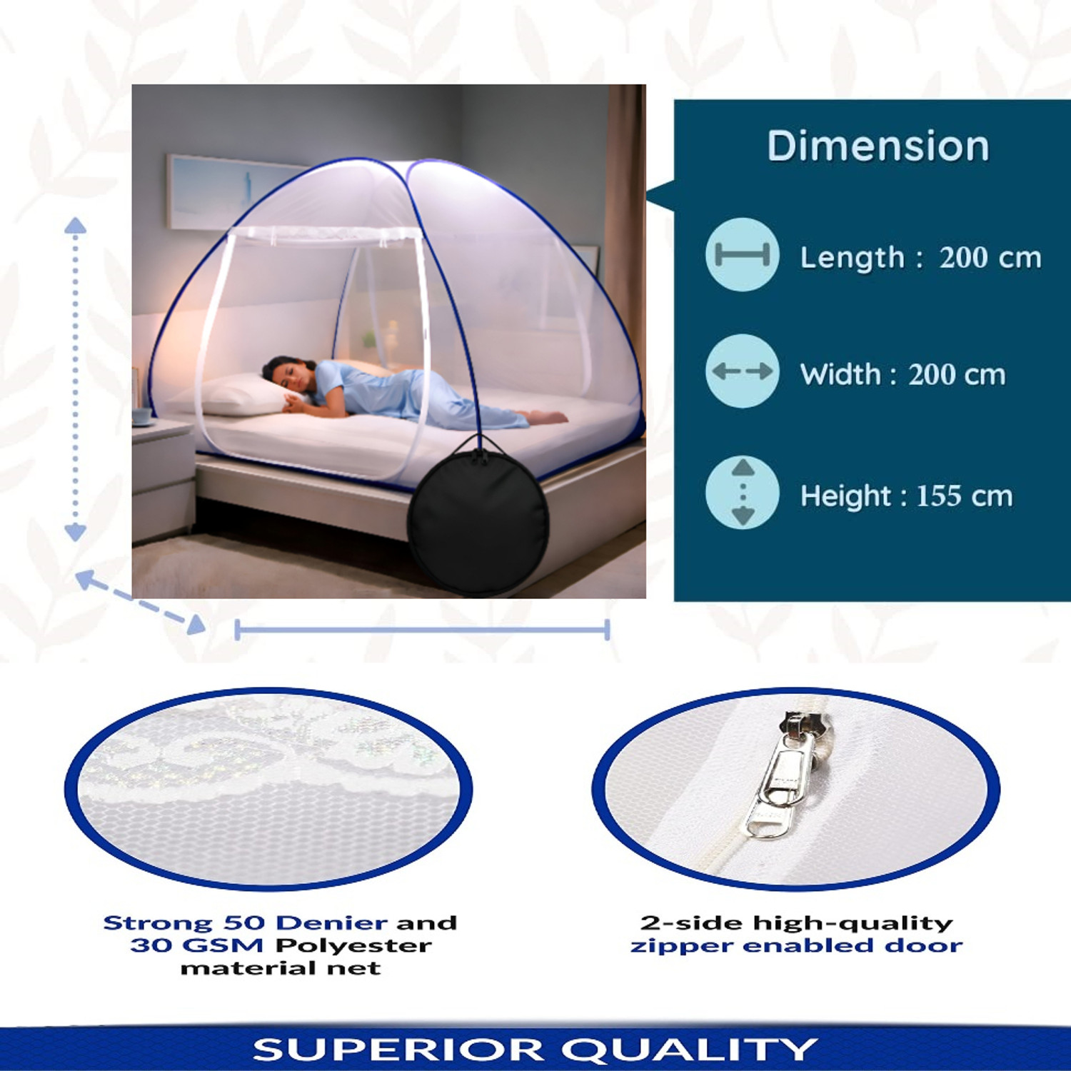 Image of TLK-HWB Double Bed Instant Enclosure with Reinforced Double Sided Zipper Entry Polyester Washable Adults Mosquito Net