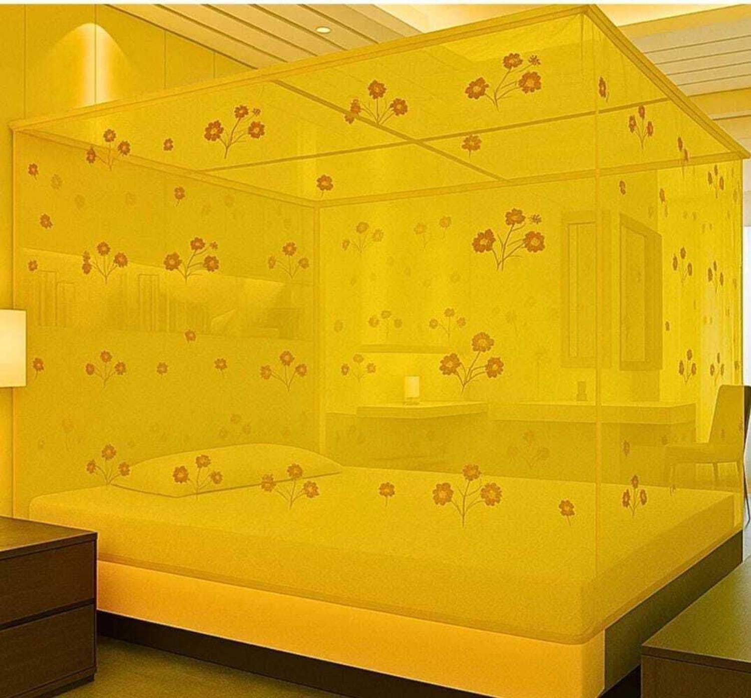 AARTI 6x7 ft Flower Design YELLOW color Mosquito Net Double Bed Size Foldable Net HDPE - High Density Poly Ethylene Washable Adults Mosquito Net
