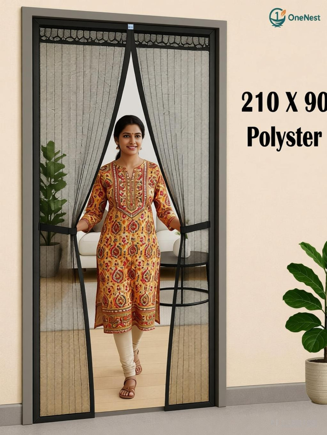 Image of OneNest (210*90 cm) Auto Close door curtain with magnet Polyester Washable Adults Mosquito Net