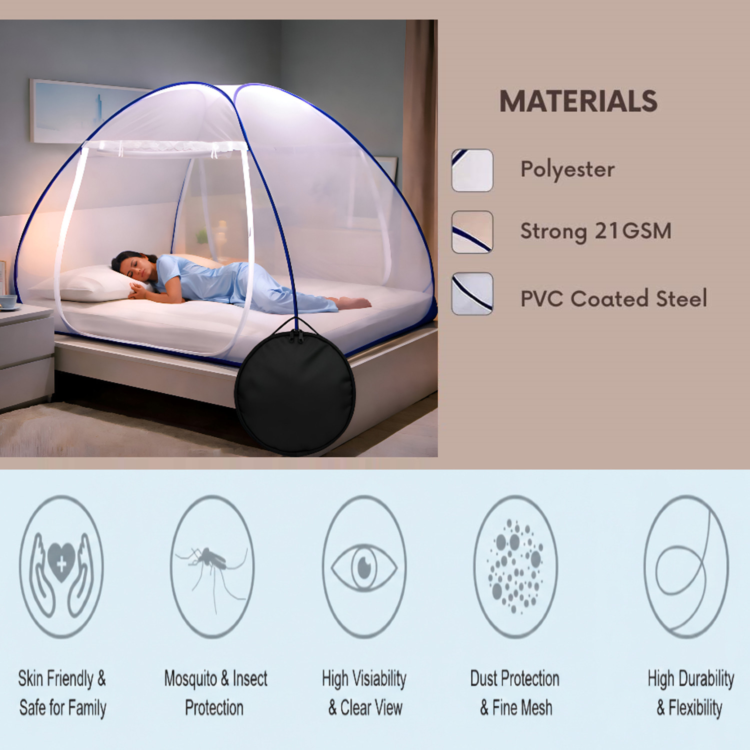 Image of TLK-HWB Double Bed Instant Enclosure with Reinforced Double Sided Zipper Entry Polyester Washable Adults Mosquito Net