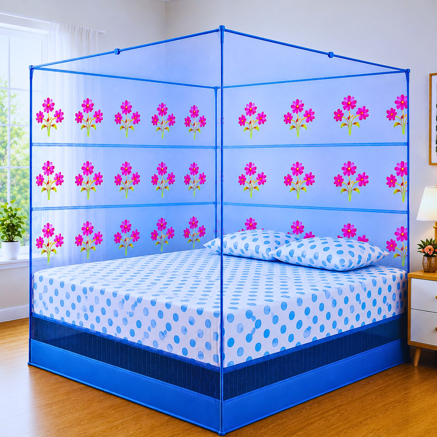 Image of SR ENTERPRISE Flower Design Blue (6x7) HDPE - High Density Poly Ethylene Washable Adults Mosquito Net
