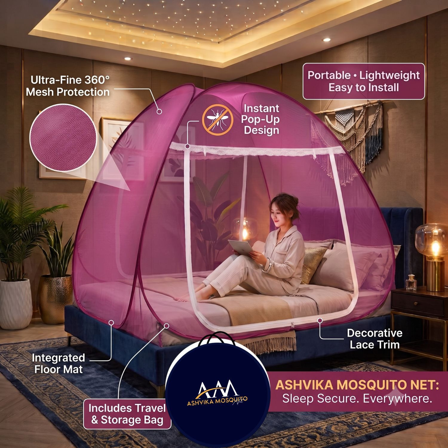 Image of Ashvika mosquitoNet Double size bed 6x6 , 6.5x6.5 ft Premium Cotton Washable Adults Mosquito Net