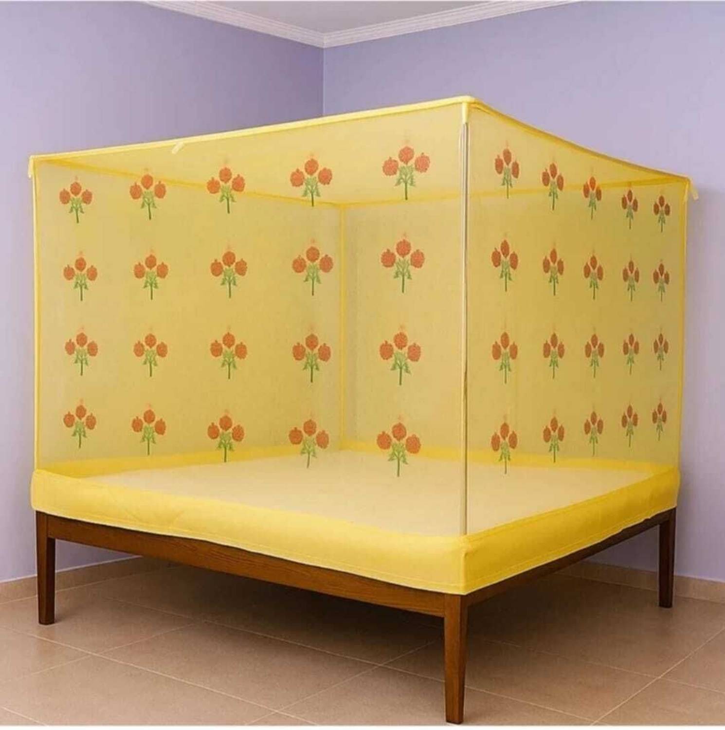 AasthaNet 6X7 KING SIZE YELLOW COLOR FLOWER PRINTED FOLDABLE MOSQUITO NET HDPE - High Density Poly Ethylene Washable Adults Mosquito Net