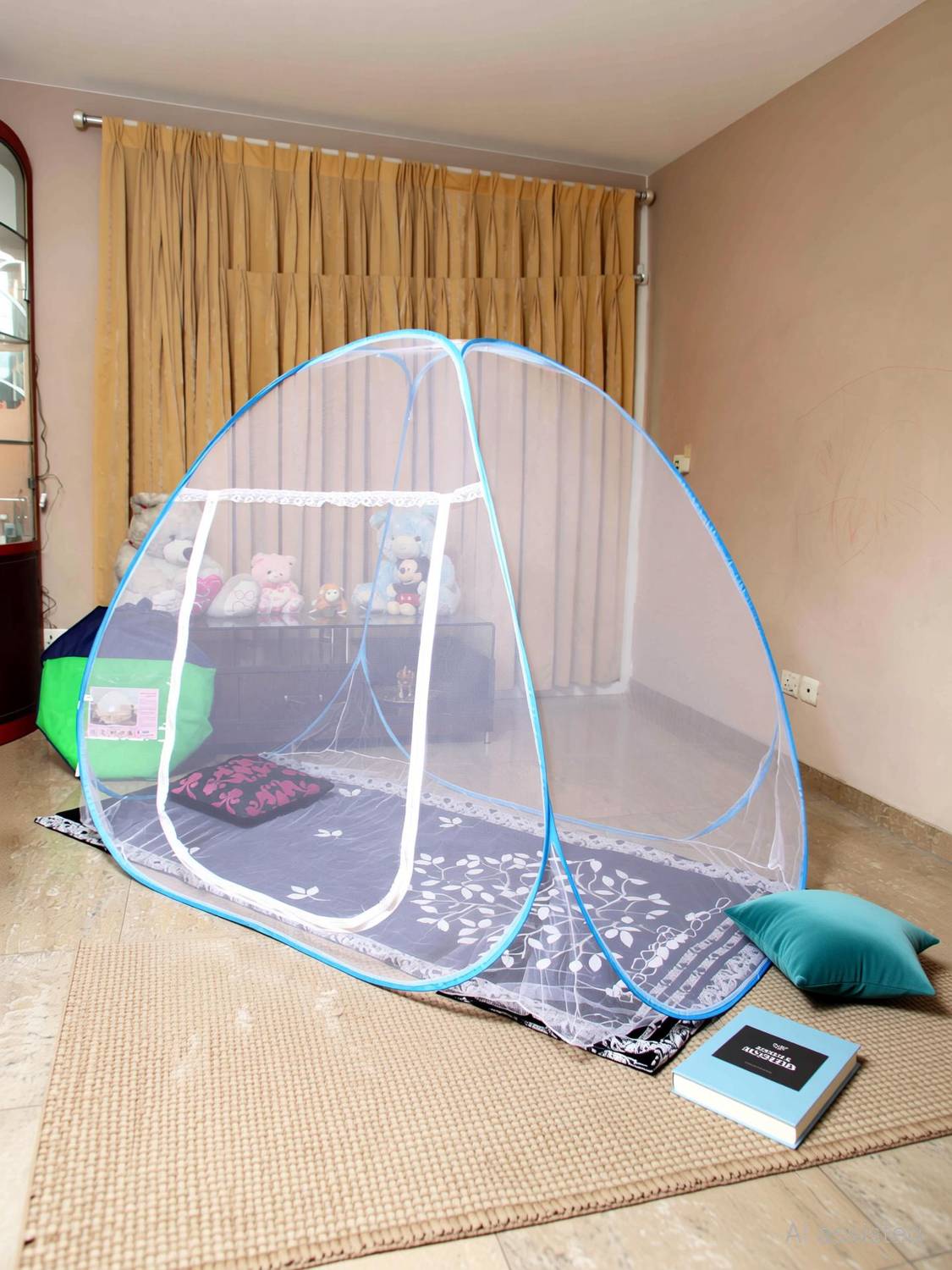 AmazingHind Single Bed Mosquito Net with colorful Border, White Fabric polyester Foldable Polyester Washable Adults Mosquito Net