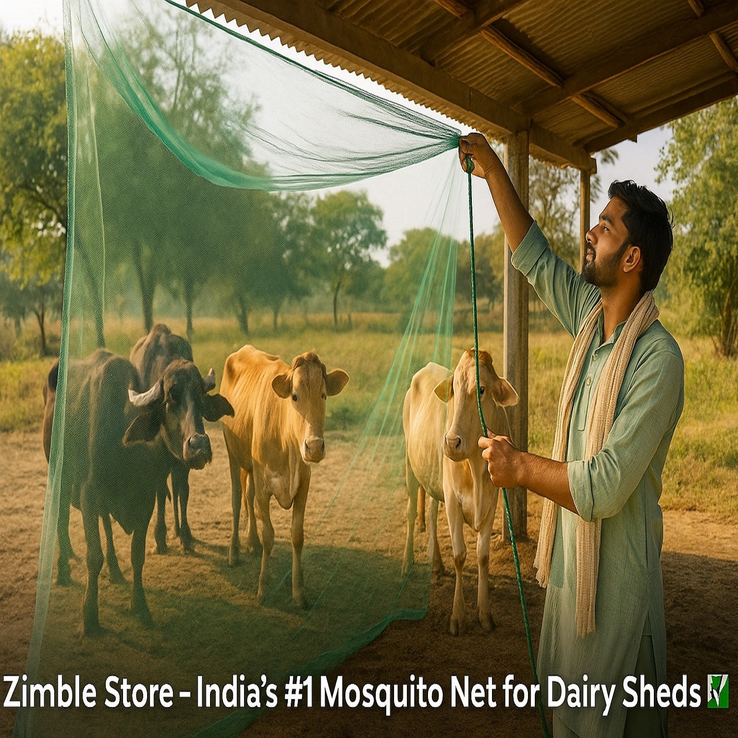 Image of ZIMBLE Animal Mosquito Net for Cattle Shed (10 x 10 ft) | Strong & Durable Nylon Washable Adults Mosquito Net