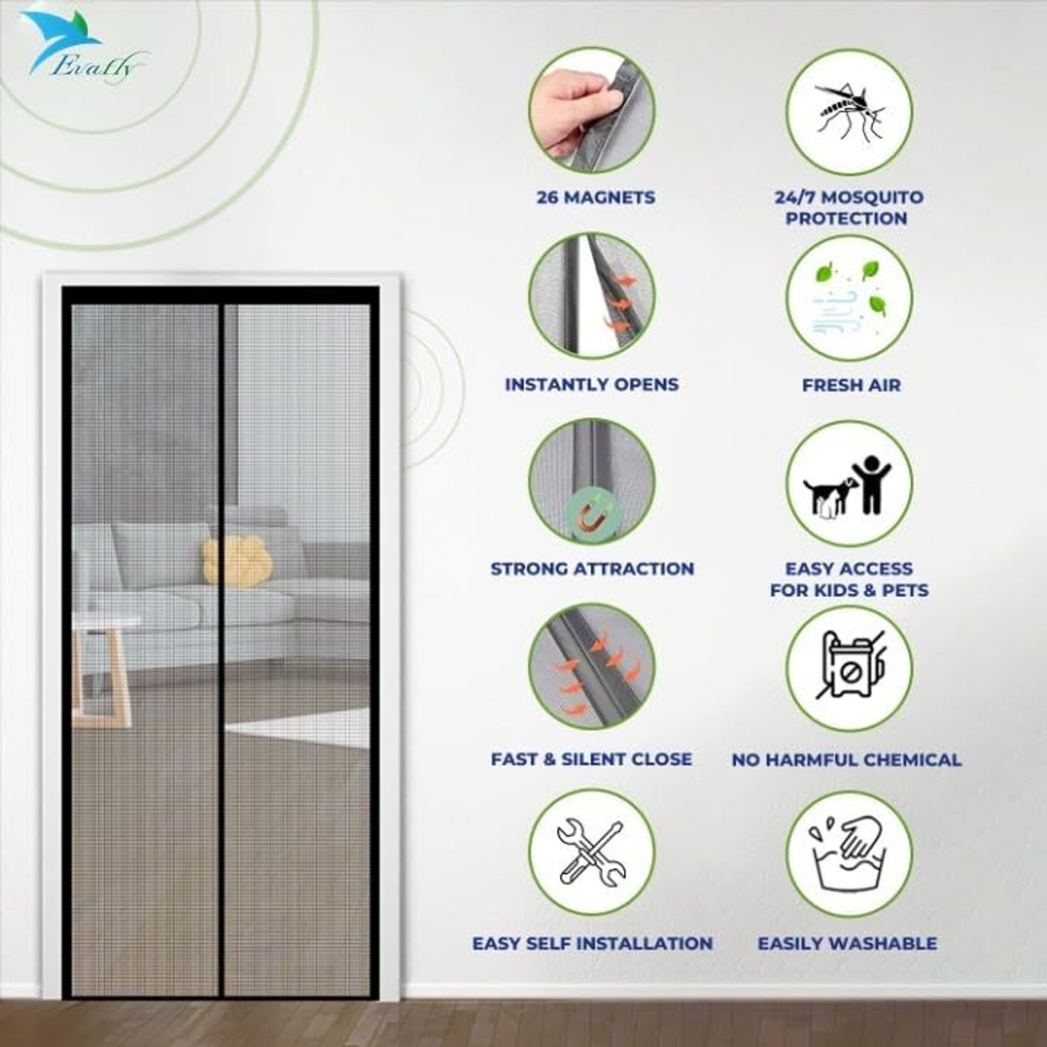 Image of Evafly Mosquito Net For Door With Magnet Self-Closing with self Adhesive Hook Door Polyester Washable Adults Mosquito Net