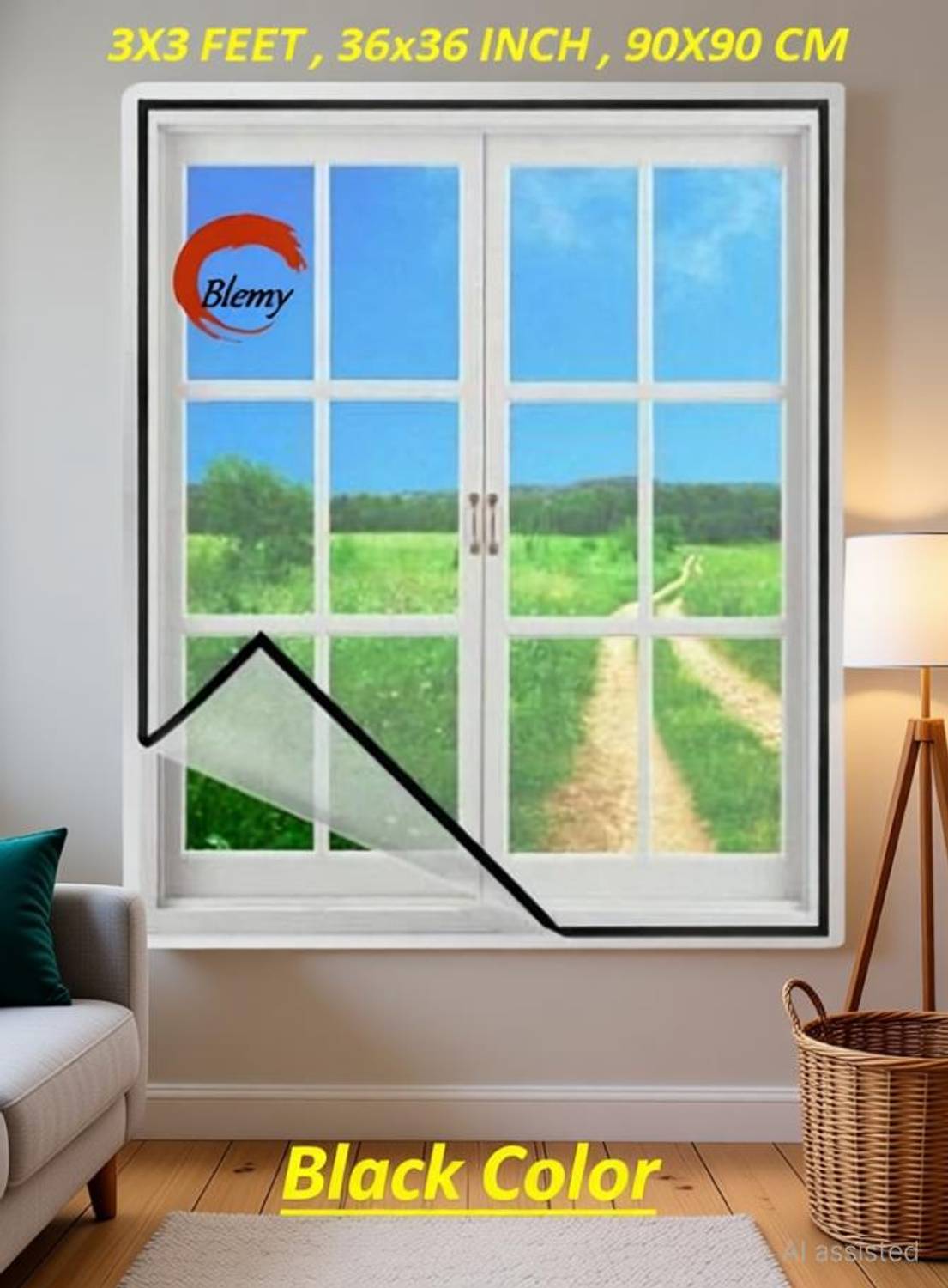 BLEMY Mosquito Net For Window With Self Adhesive Hook & Loop Tape Size - 3X3 Feet Polyester Washable Adults Mosquito Net