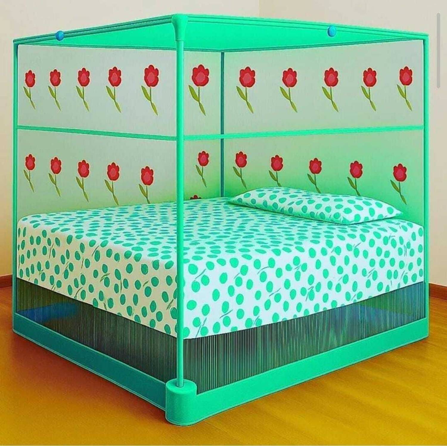 AasthaNet 6X7 KING SIZE GREEN COLOR FLOWER PRINTED FOLDABLE MOSQUITO NET HDPE - High Density Poly Ethylene Washable Adults Mosquito Net