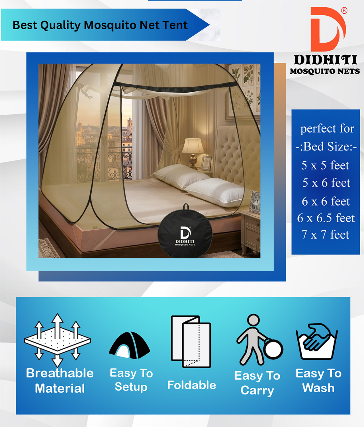 Image of didhiti mosquito net for king size bed 6x6 6.5x6.5 7x7 ft Polyester Washable Adults Mosquito Net