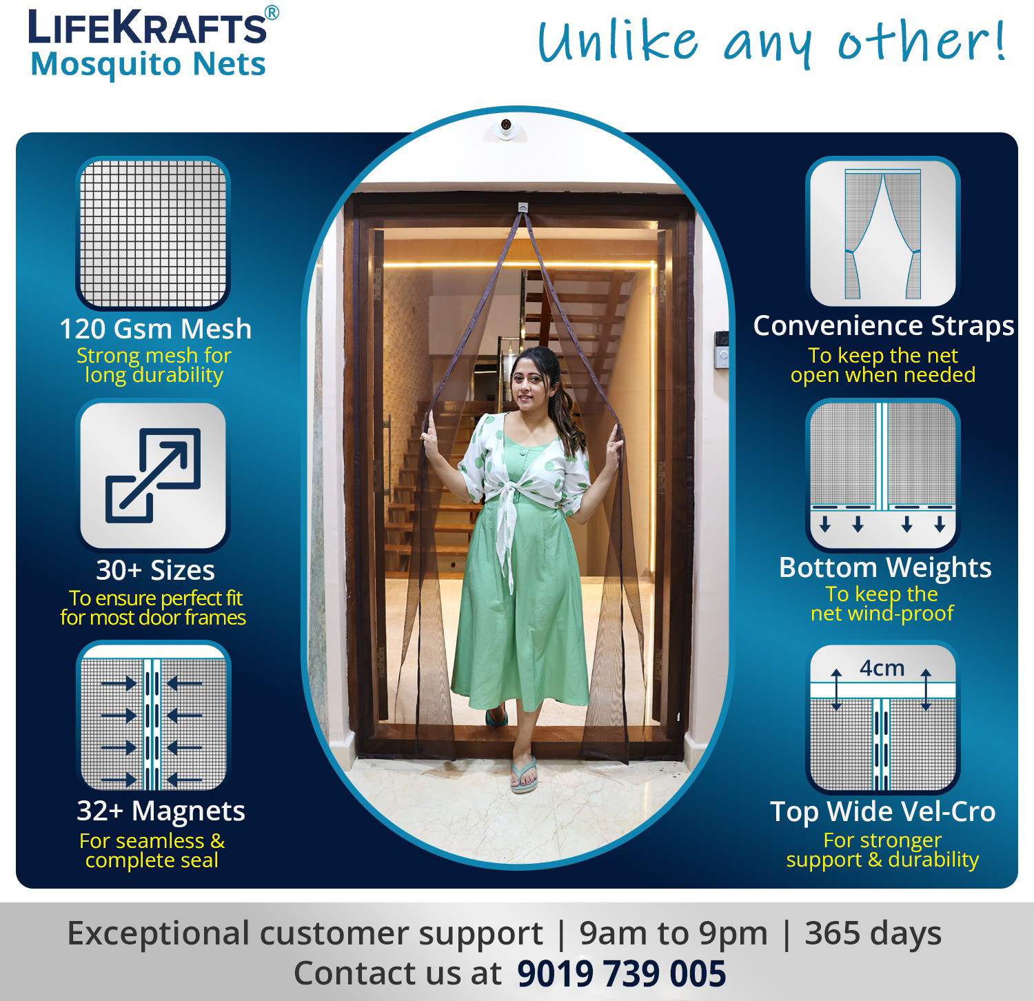 Image of Lifekrafts 120 GSM Fiberglass Magnetic Door Fibre Washable Adults Mosquito Net
