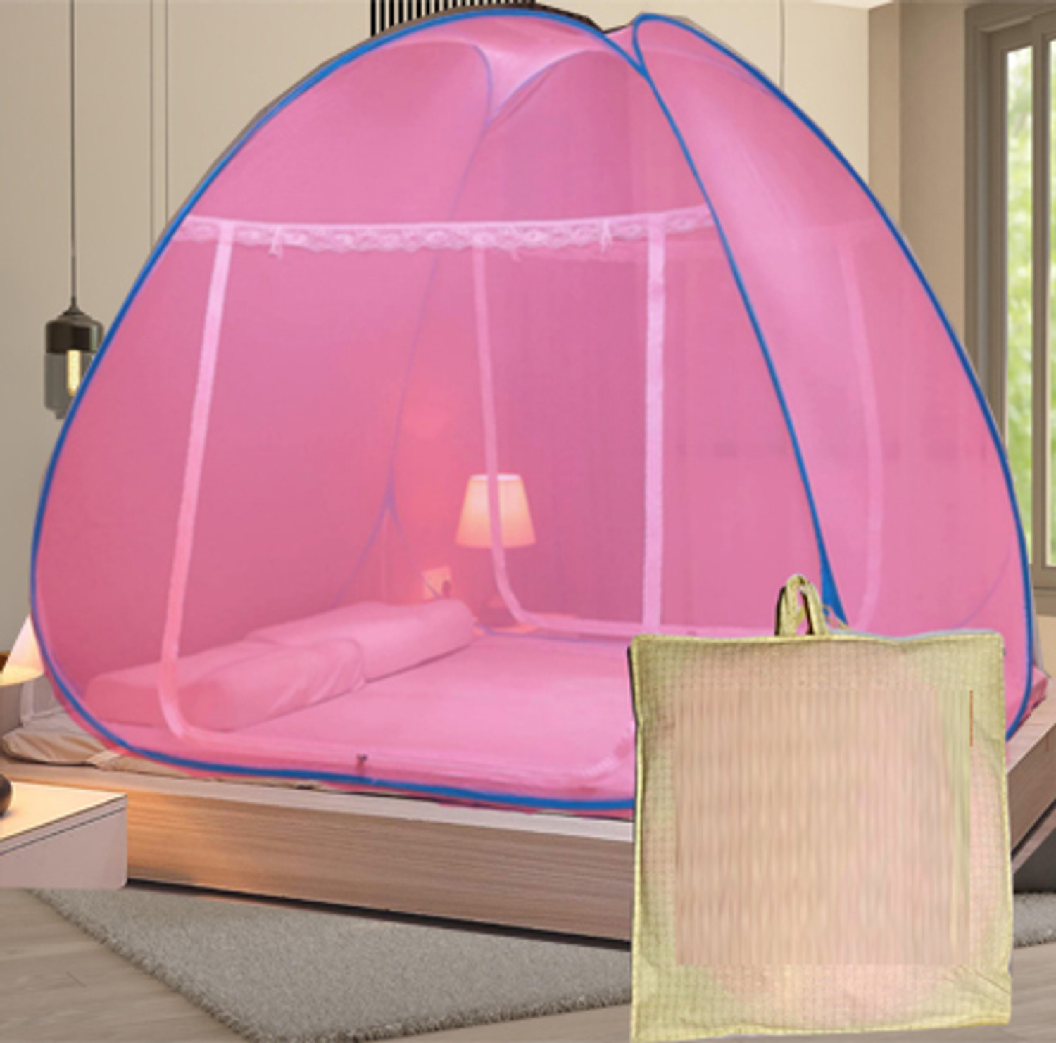 Image of KHANJAN FASHION HUB PINK machhardani window pleated mosquito net sliding door machardani window wal Polyester Washable Infants Mosquito Net