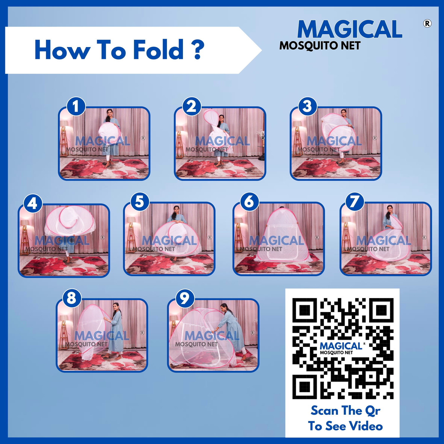 Image of MAGICAL Mosquito Net, Foldable King Size Bed,Double Bed ( 6ft x 6ft ) - Dark Blue Polyester Washable Adults Mosquito Net