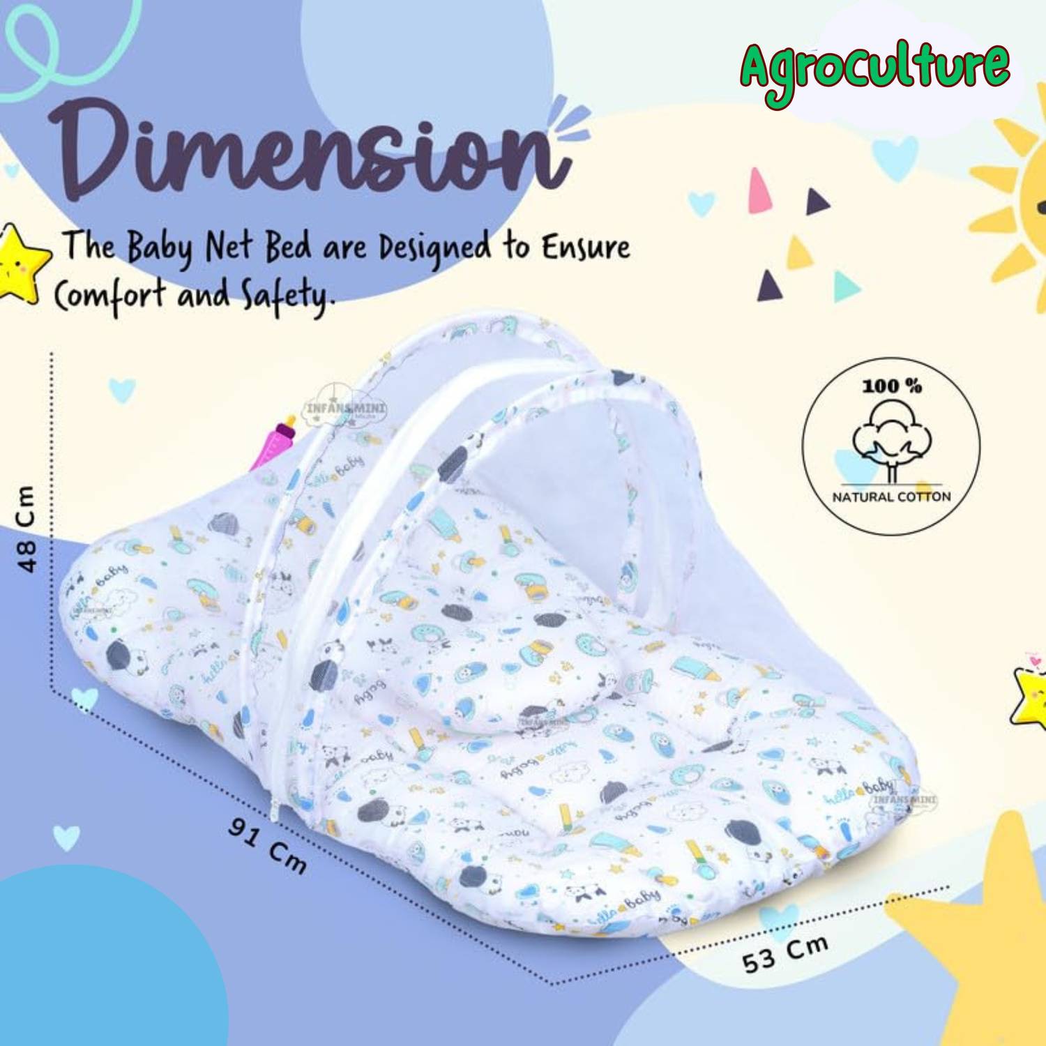 AgroCulture Mosquito and Insect Protection Net for Babies, Portable Mattress with Pillow Cotton Washable Kids Mosquito Net