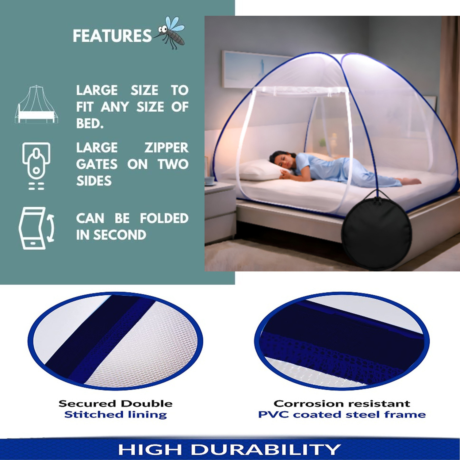 Image of TLK-HWB Double Bed Instant Enclosure with Reinforced Double Sided Zipper Entry Polyester Washable Adults Mosquito Net