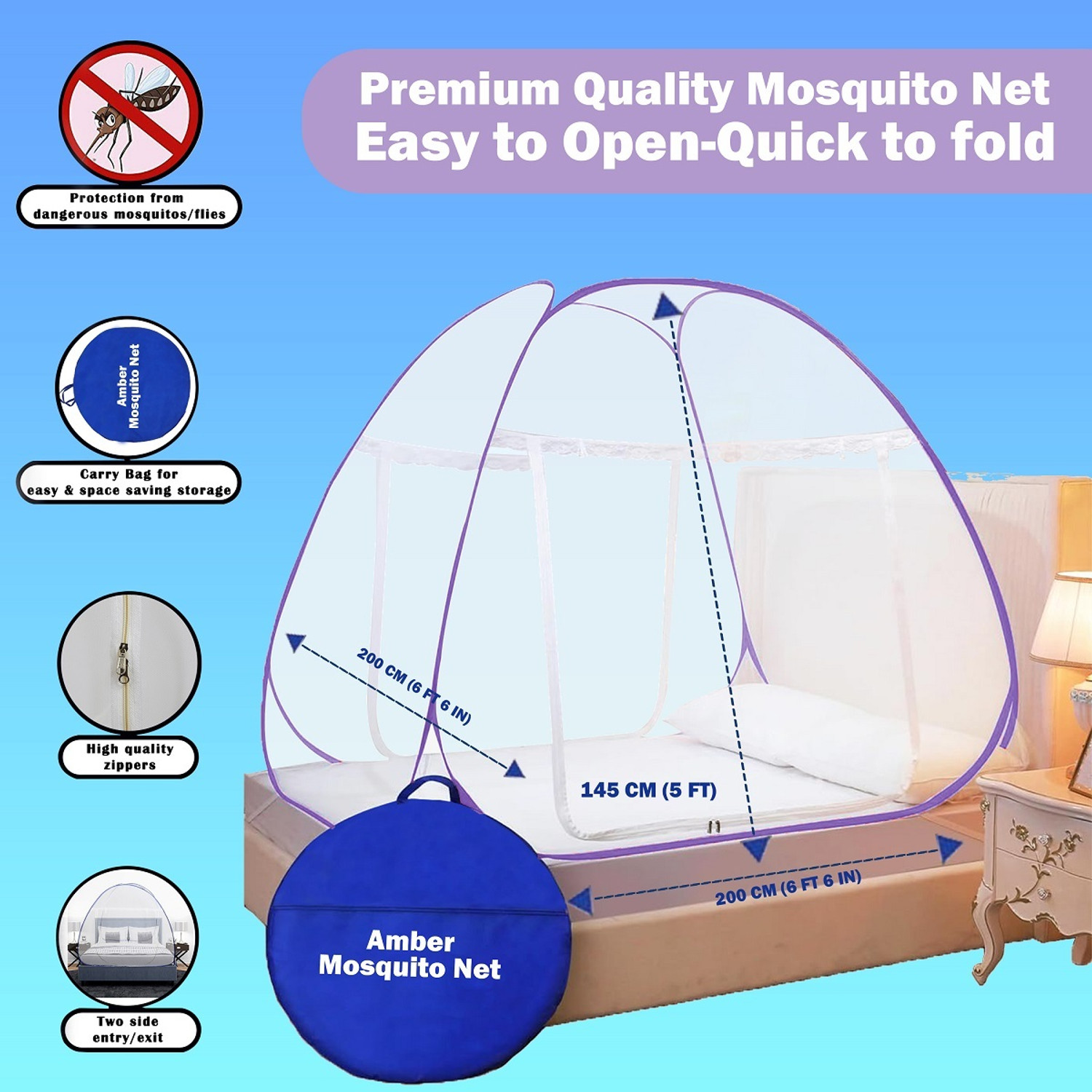 Image of AmberTex Foldable King Size Bed, Double Bed(Suitable for 6ftX6ft to 6.9ft x 6.9ft) Polyester Washable Adults Mosquito Net