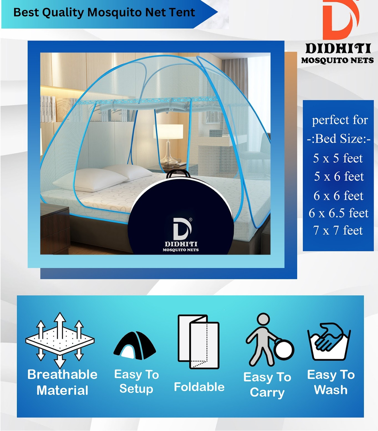 Image of didhiti BLUE mosquito net 5x6 size bed mosquito net for bed queen size 5 /6 mosquitoes Polyester Washable Adults Mosquito Net