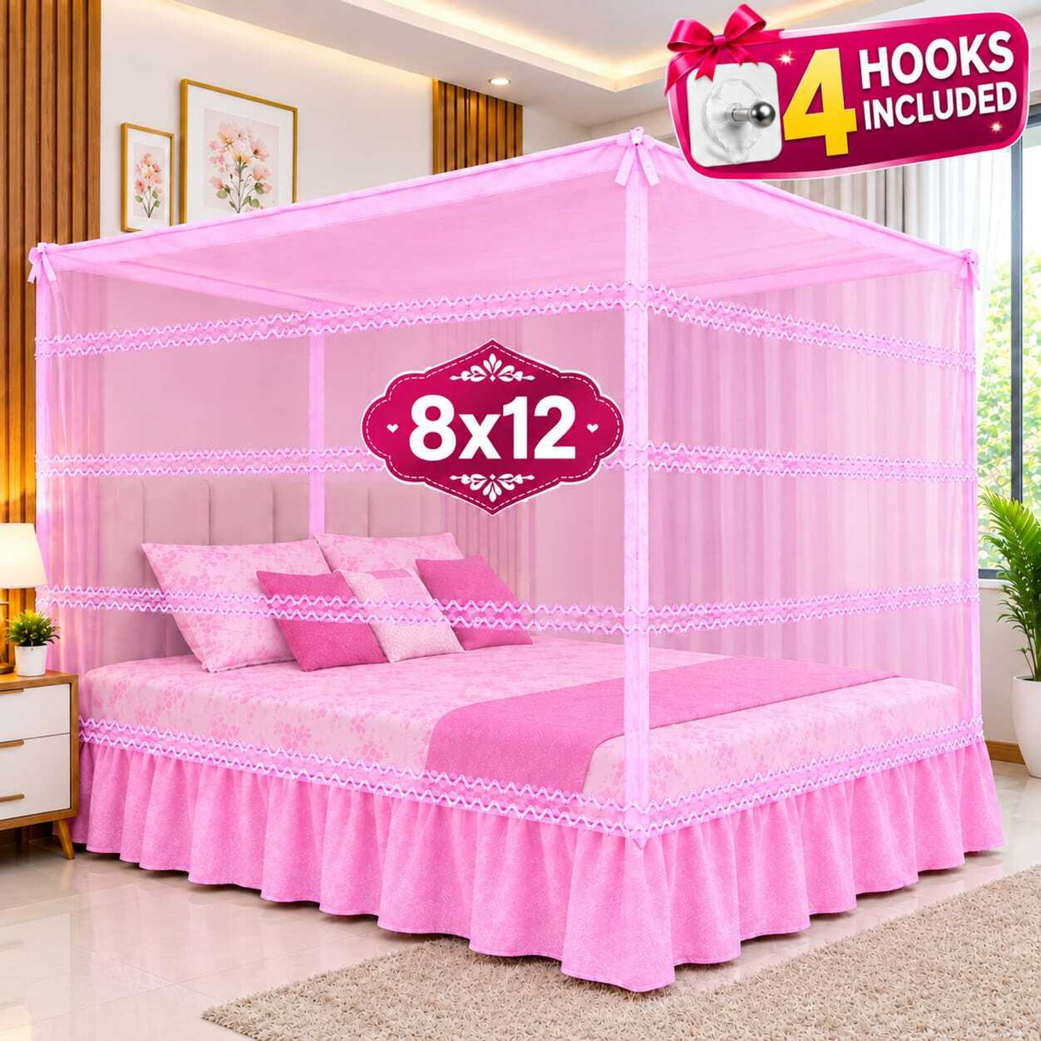Image of Noorexa Premium King Size Bed Mosquito Net 8x12 I 4 Hooks Free Cotton Washable Adults Mosquito Net (Pink, Tent)