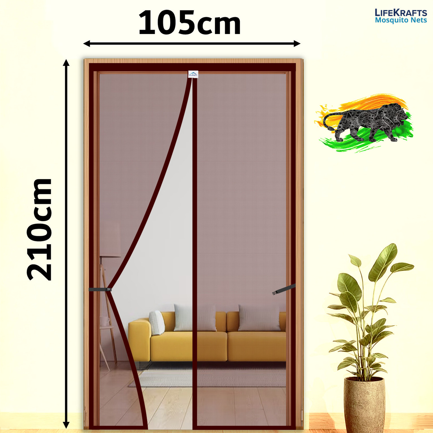Image of Lifekrafts Auto-Closing Magnetic Door Polyester Washable Adults Mosquito Net (Brown-210*105cms, Frame Hung)