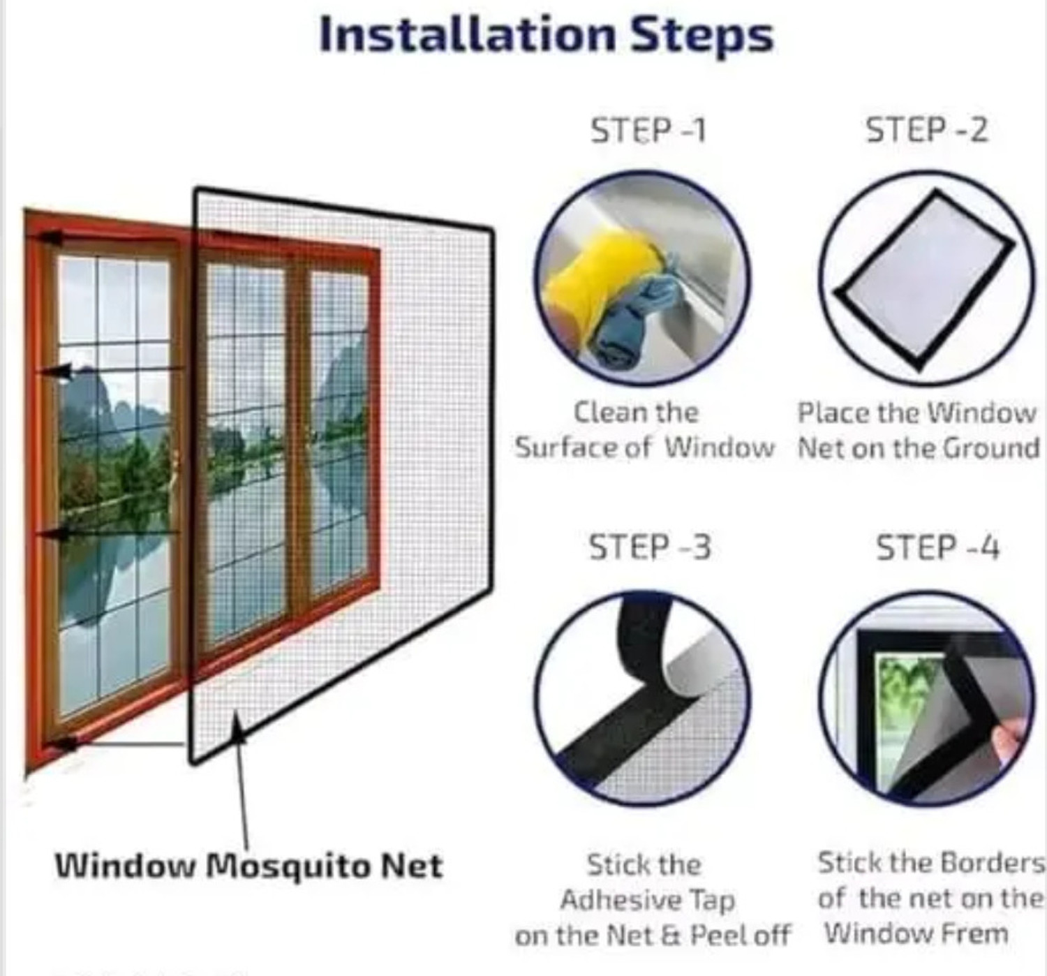 Image of RKC 4x5 Ft Black Mosquito Net for Window with Self-Adhesive Hook & Loop Tape HDPE - High Density Poly Ethylene Adults Mosquito Net (Black, Frame Hung)