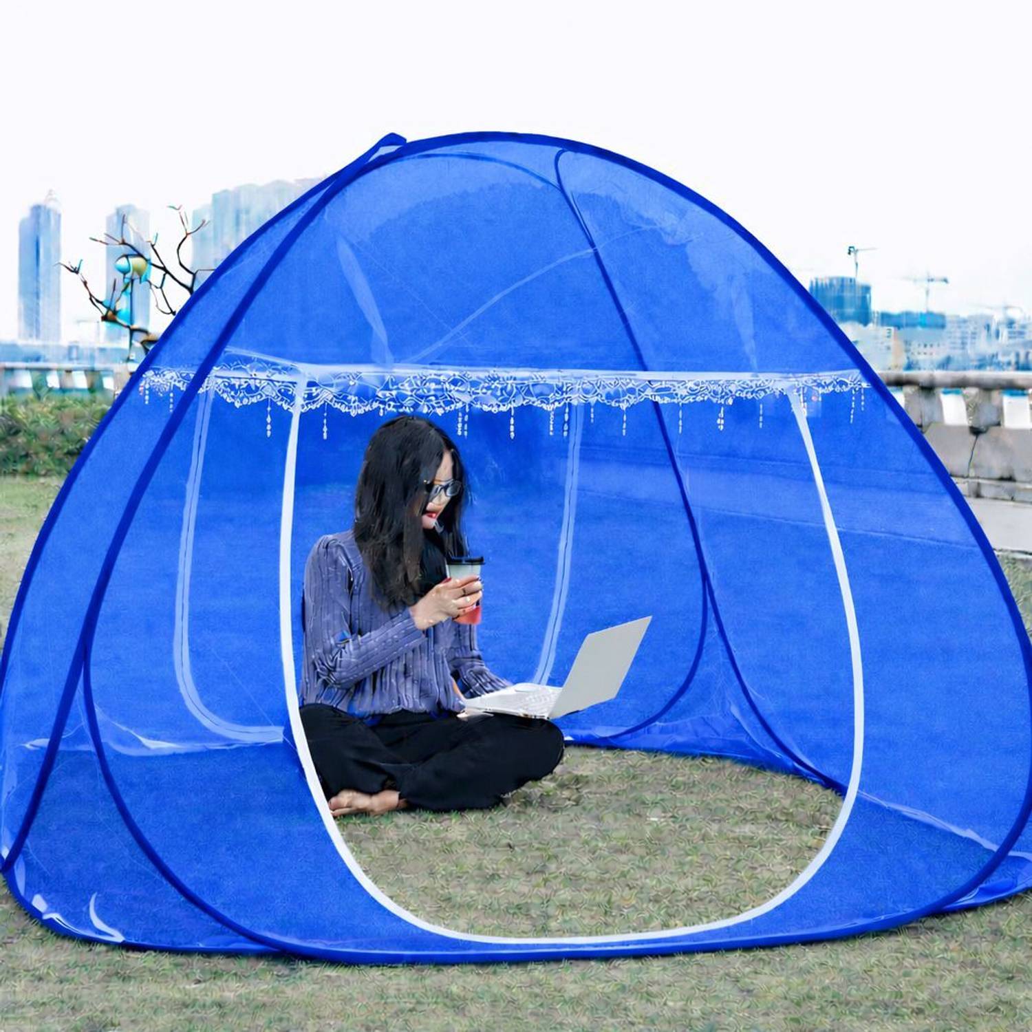 Amprar Foldable Machhardani -King Size 200CM(6ft 6in) x 200CM(6ft 6in) x 145CM(4ft 8in) Polyester Adults Mosquito Net