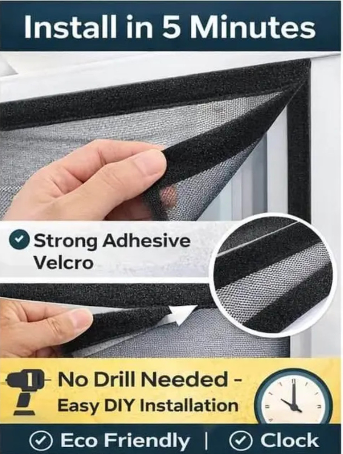 Image of RKC 4x5 Ft Black Mosquito Net for Window with Self-Adhesive Hook & Loop Tape HDPE - High Density Poly Ethylene Adults Mosquito Net (Black, Frame Hung)