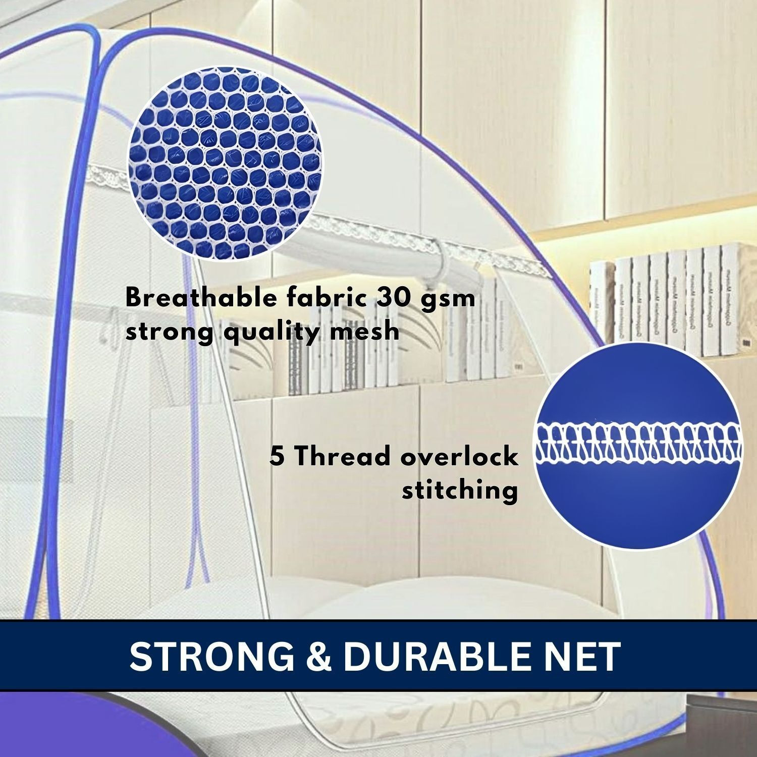 Image of MAGICAL Mosquito Net, Foldable King Size Bed,Double Bed ( 6ft x 6ft ) - Dark Blue Polyester Washable Adults Mosquito Net
