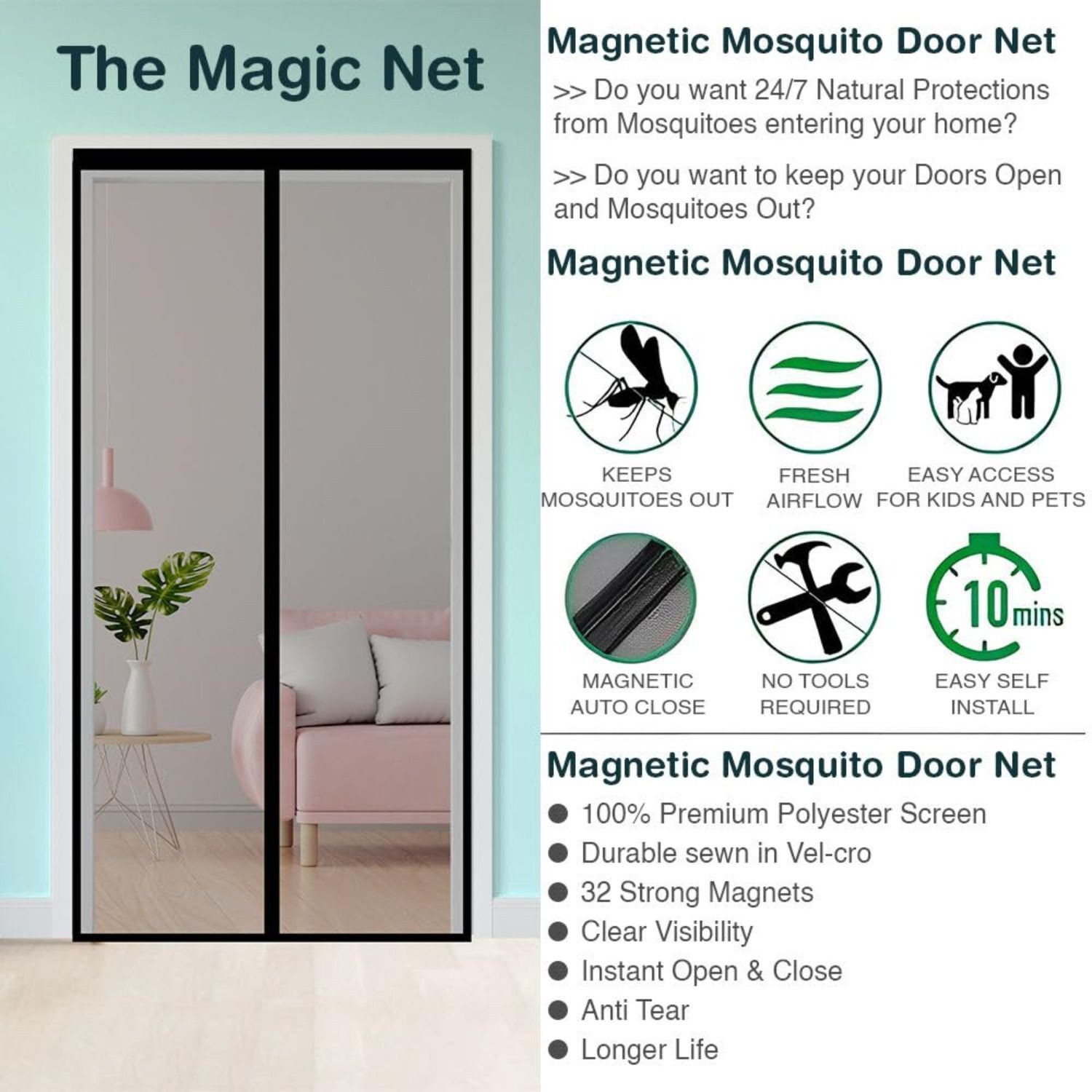 Image of LeoMates Sliding mosquito net for door:: mosquito magnetic screen door net curtain Polyester Washable Adults Mosquito Net
