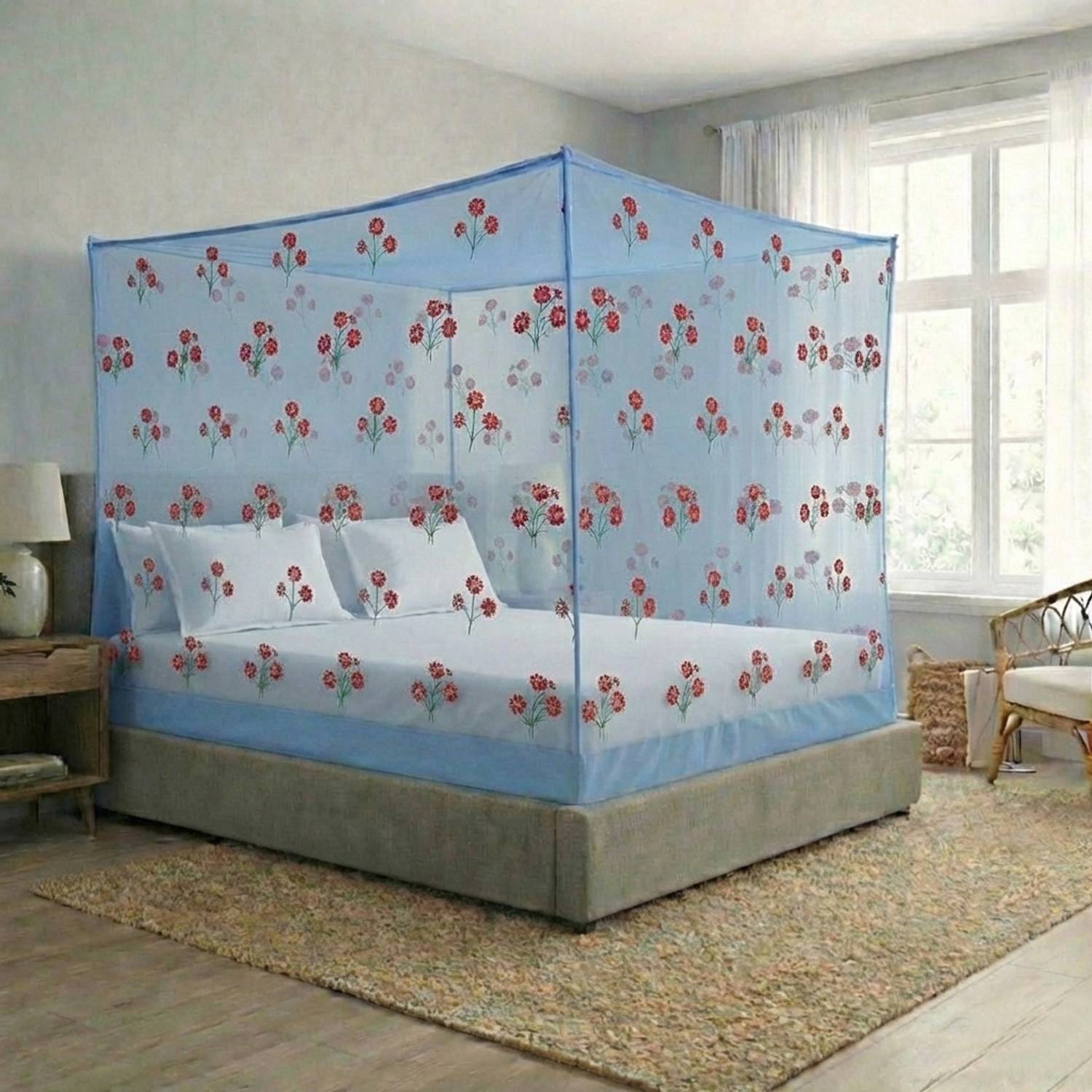 Aditi Blue Color- Flower Printed, 6x7 ft Double Bed HDPE - High Density Poly Ethylene Washable Adults Mosquito Net