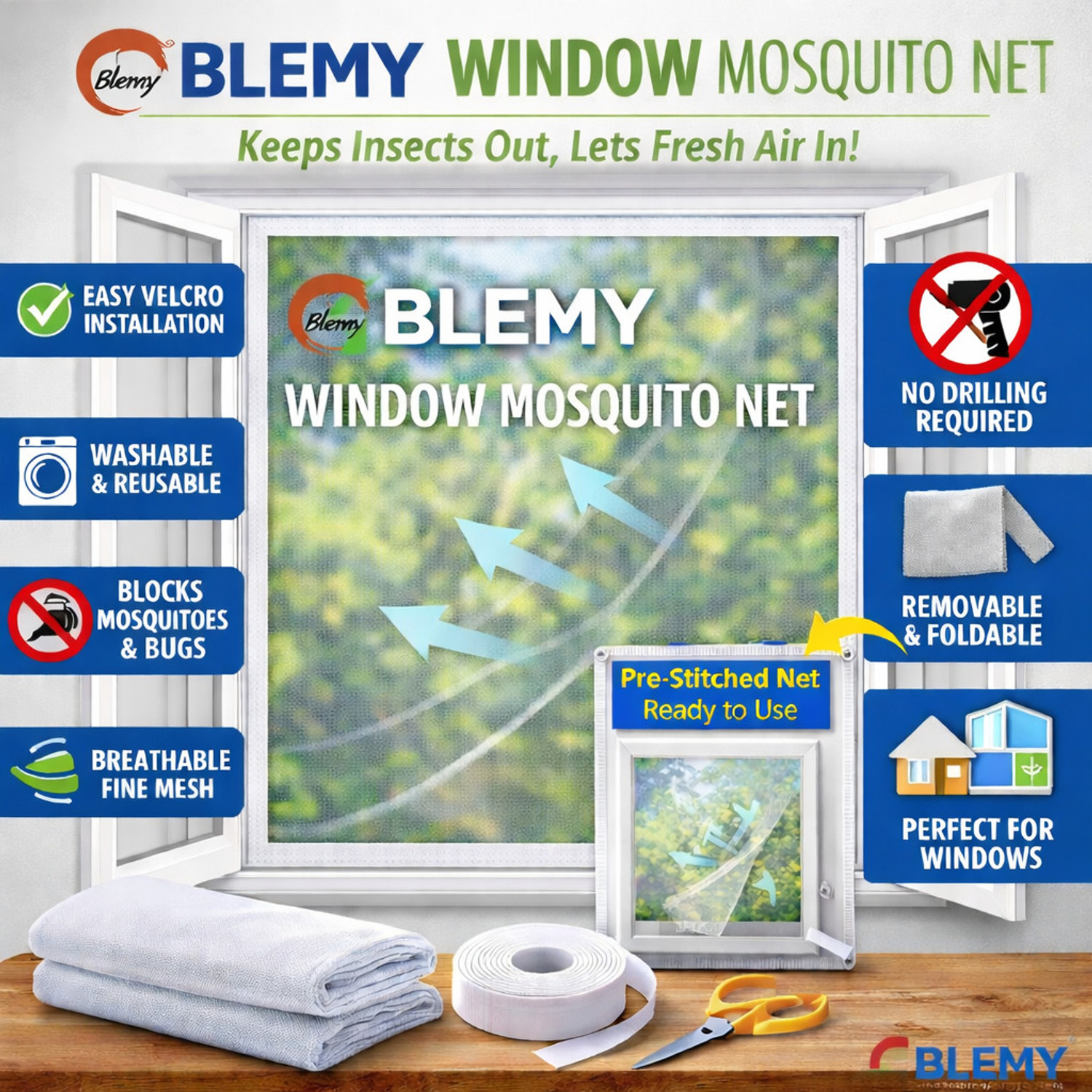 Image of BLEMY 4x5 white net with velcro tape Polyester Washable Adults Mosquito Net